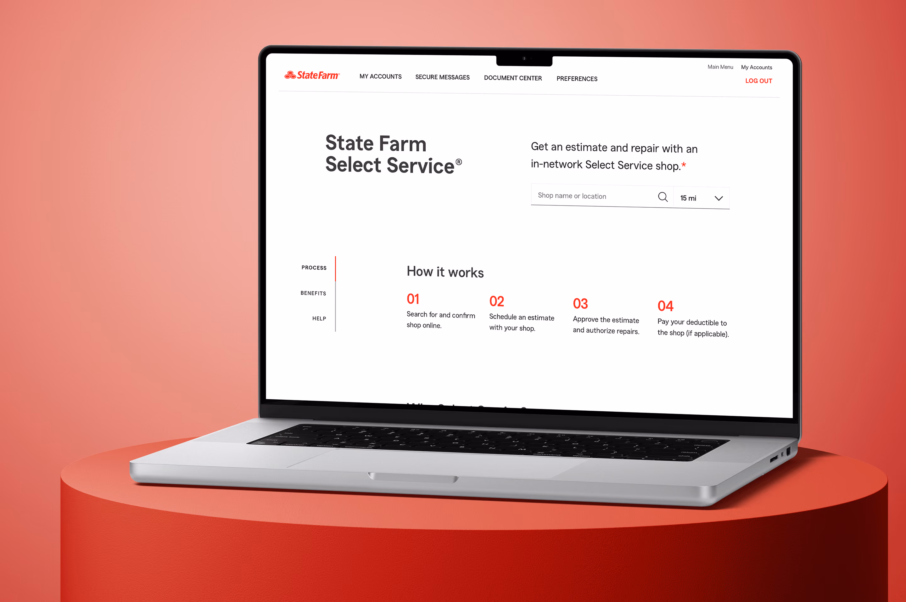 Hand holding smartphone displaying the State Farm Select Service app screen with a laptop in the background.