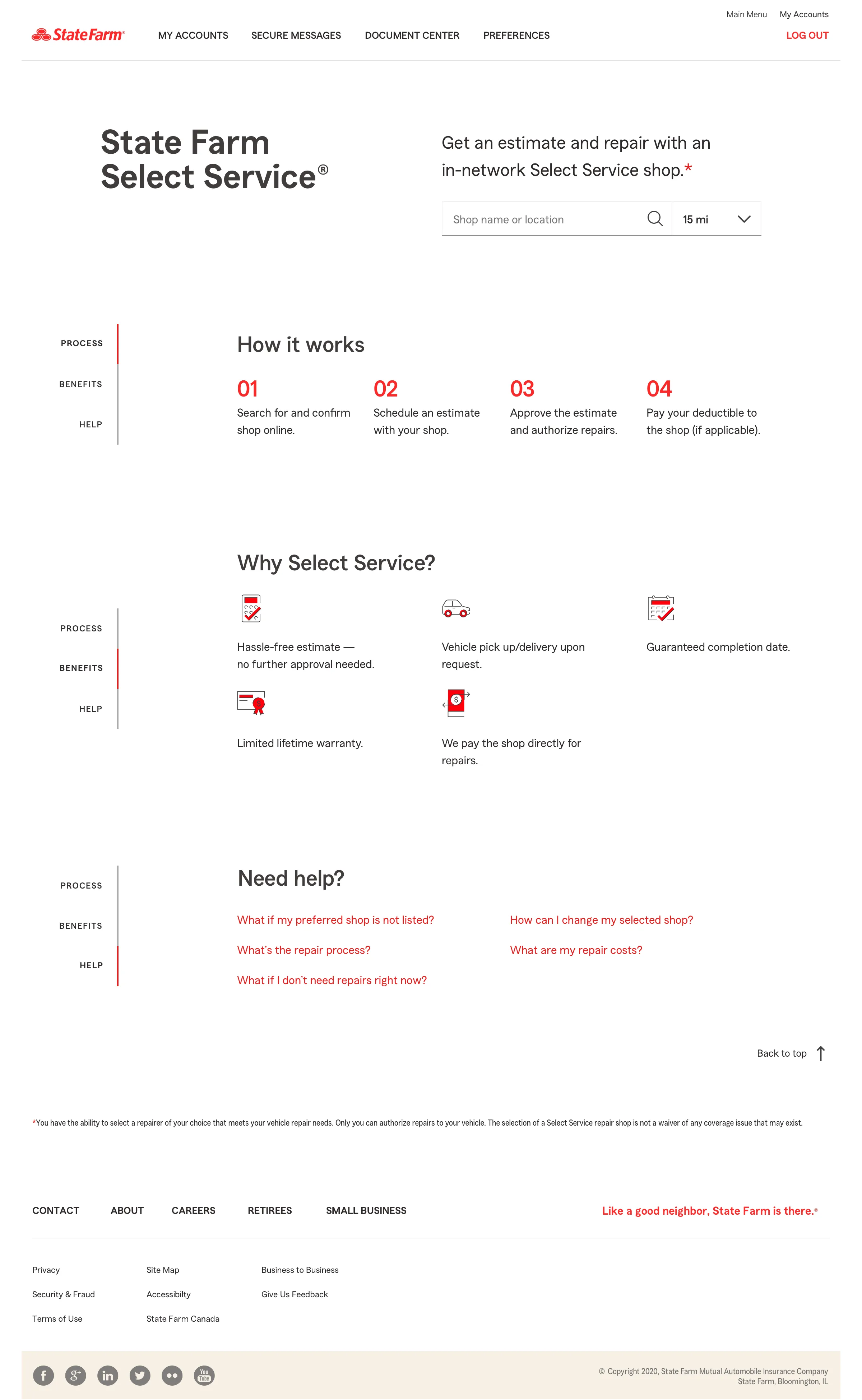 State Farm Select Service webpage explaining how the service works in four steps with benefits and help topics, including searching for shops, scheduling estimates, approving repairs, and payment options.
