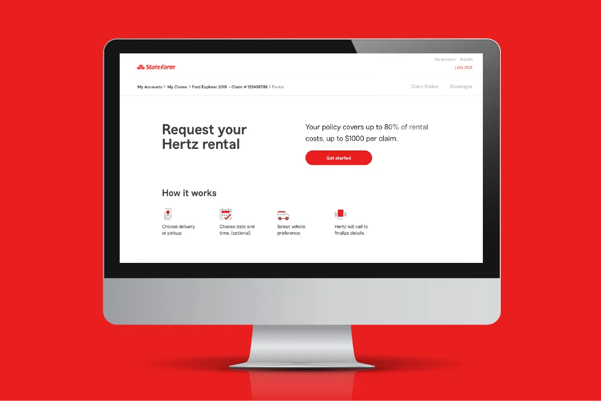 Computer screen showing State Farm's Hertz rental request page outlining policy coverage and steps to request a rental car.