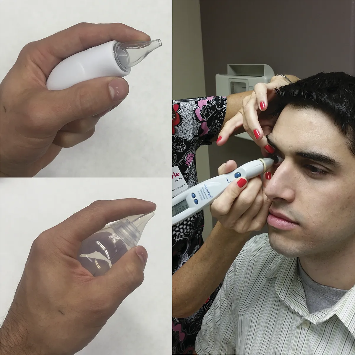 Close-up views of a hand holding an eye dropper and a person receiving an eye examination with an AccuPen instrument.