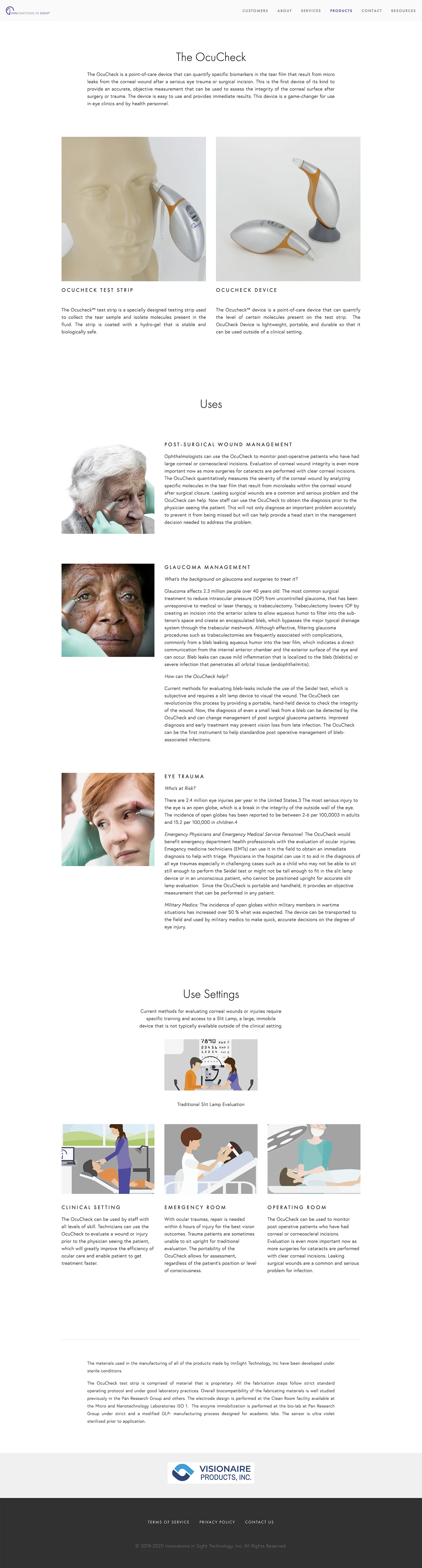 Landing page for OcuTap device showing device image, benefits, comparison table, and ordering info.