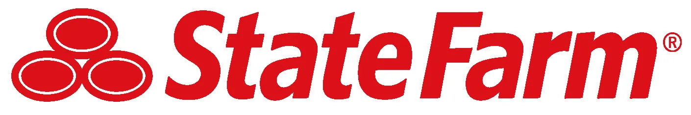 State Farm logo with three red oval shapes forming a triangular cluster next to red State Farm text.