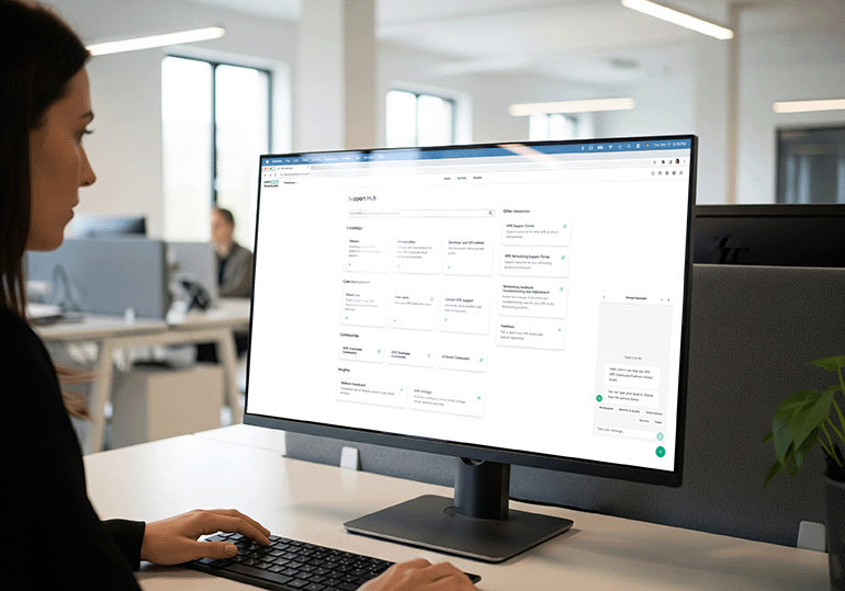 Woman working at a desktop computer displaying a support hub webpage with various help categories and resources.