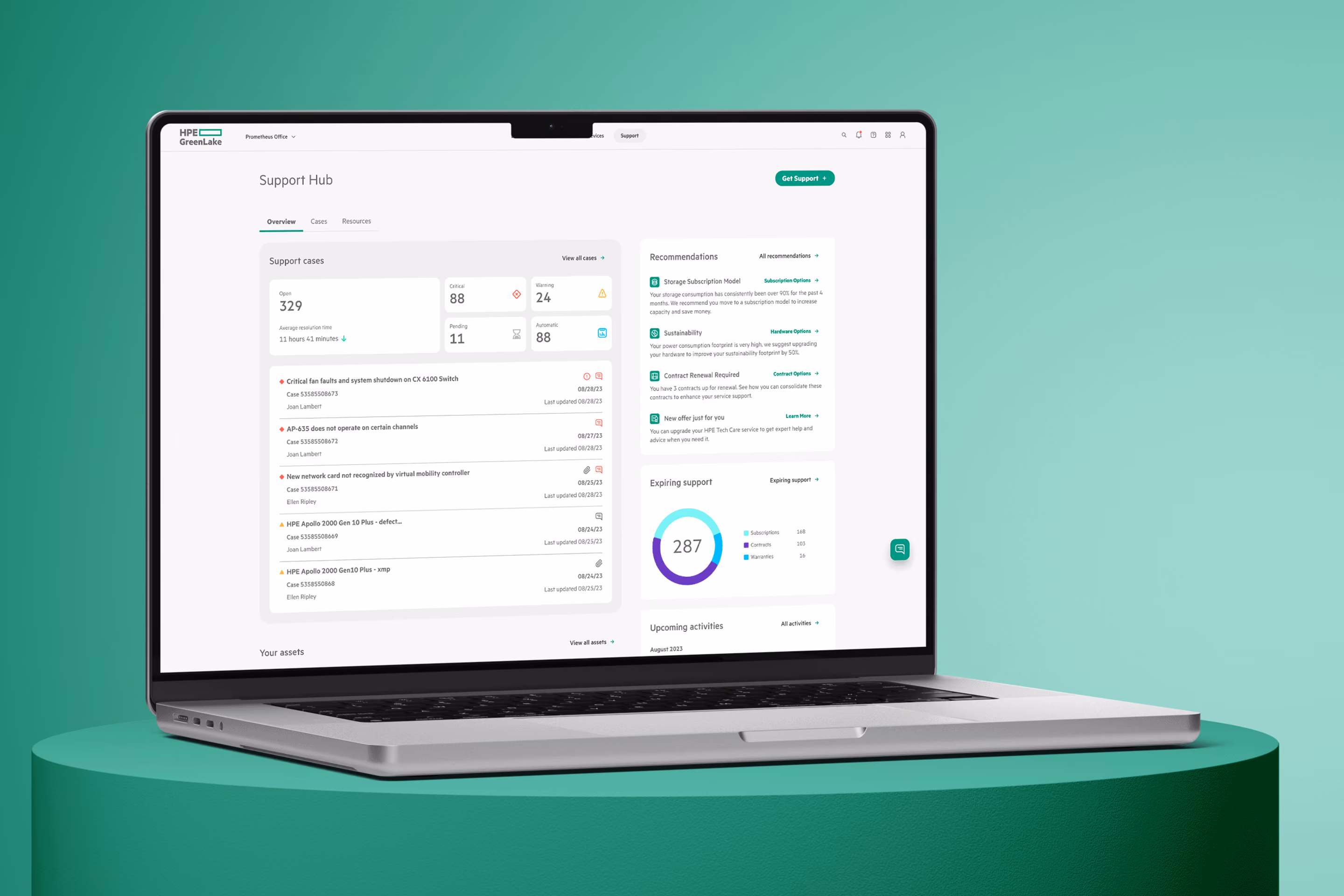 Laptop on green pedestal displaying HPE GreenLake support hub dashboard with support cases and recommendations.