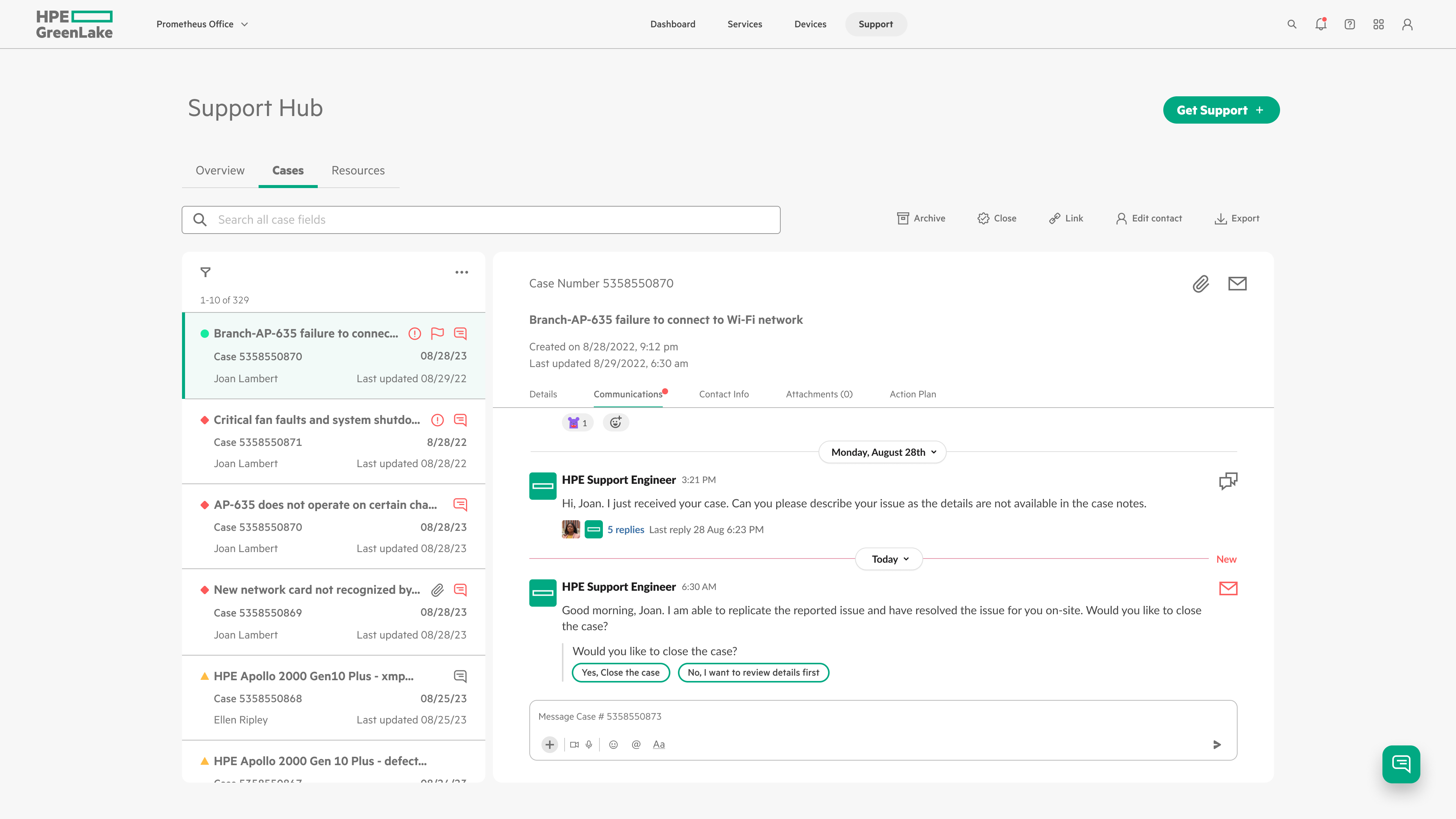 HPE GreenLake Support Hub interface showing a list of support cases with details and a conversation between an HPE Support Engineer and customer Joan Lambert about issue resolution.
