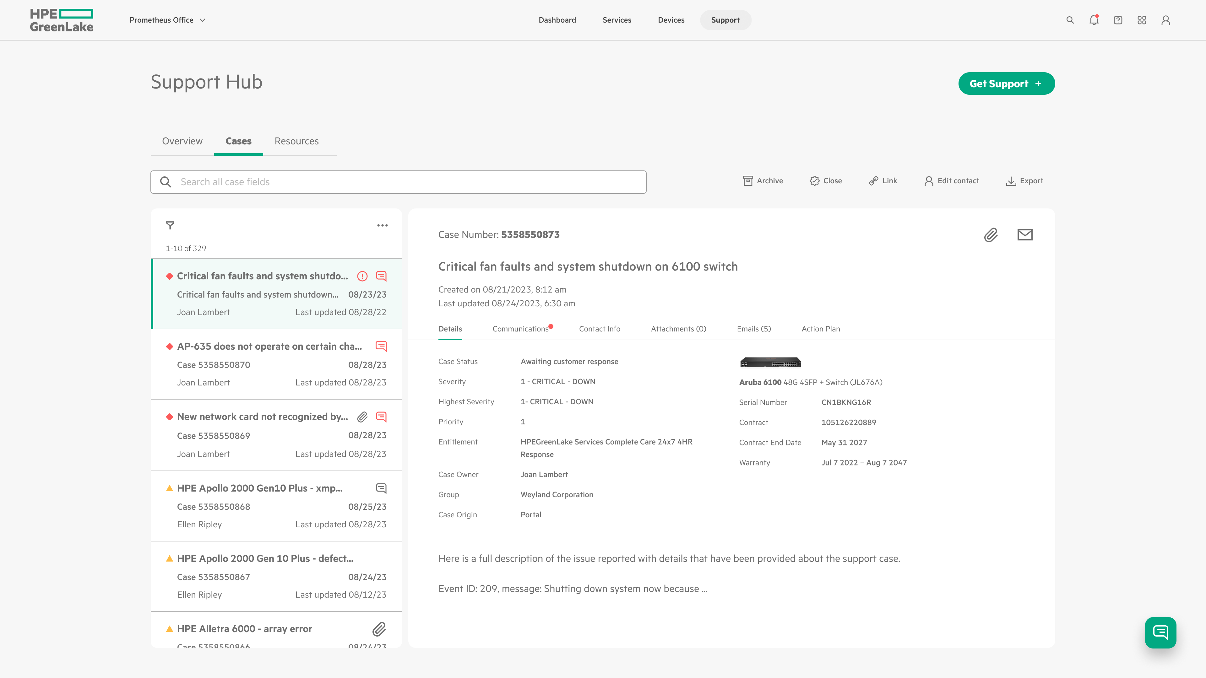 HPE GreenLake Support Hub interface showing a list of support cases with details for a critical fan fault on an Aruba 6100 switch.