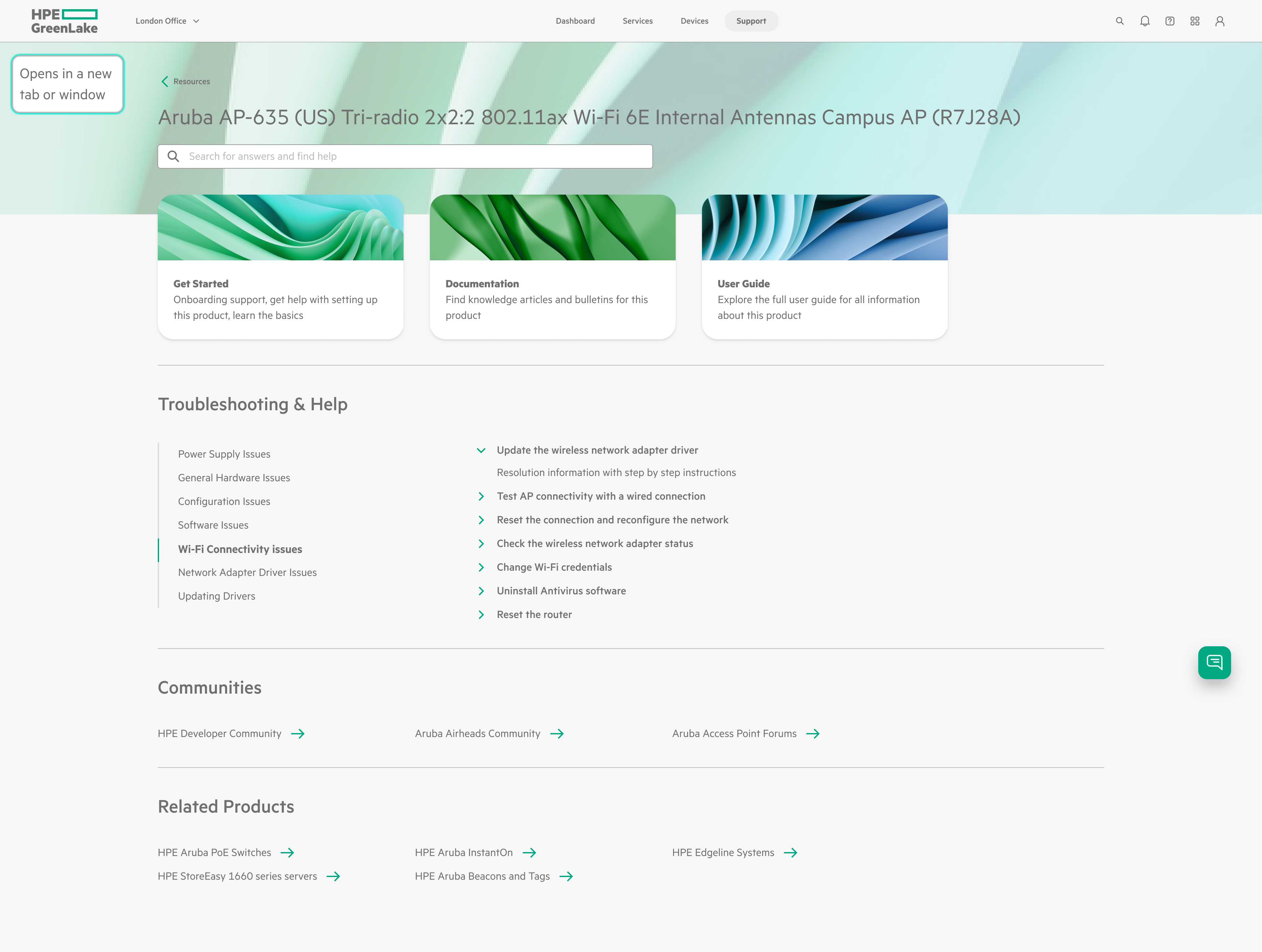 HPE GreenLake support documentation webpage for Aruba AP-635 Wi-Fi 6E, showing Get Started, Documentation, User Guide sections and troubleshooting topics.