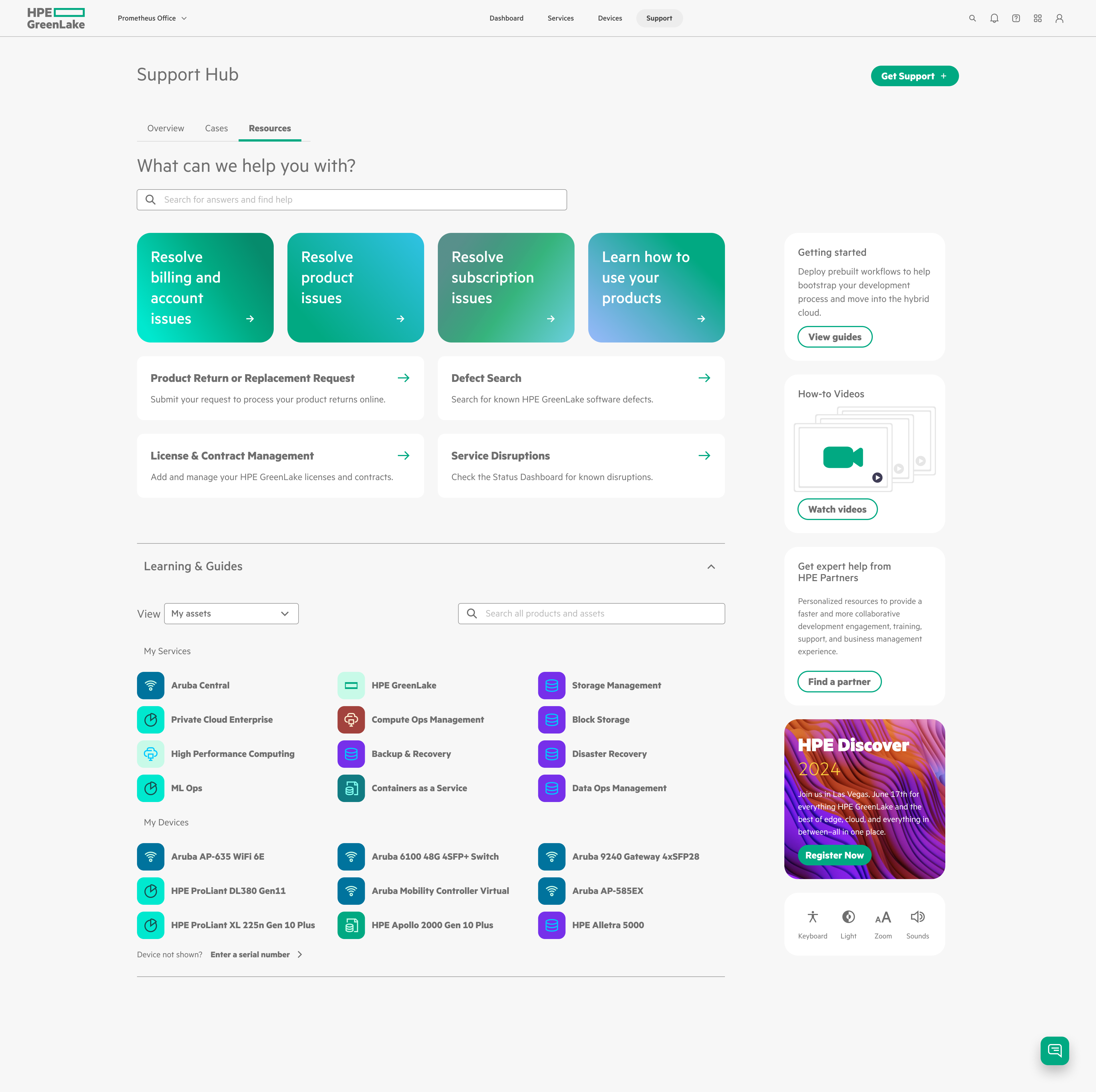 HPE GreenLake Support Hub documentation page offering search for help, case creation, resource links for billing, product, subscription issues, guides, videos, partners, and device asset management.