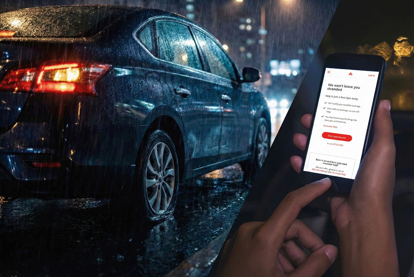 Car with a flat tire parked on a rainy city street at night alongside a person using a smartphone app to request roadside assistance.