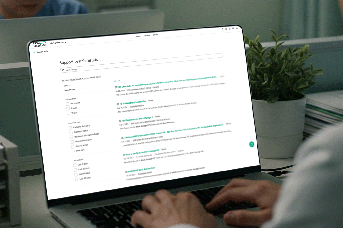 Laptop screen showing HPE GreenLake Support search results for 'block storage' with filtering options on the left and search results on the right.