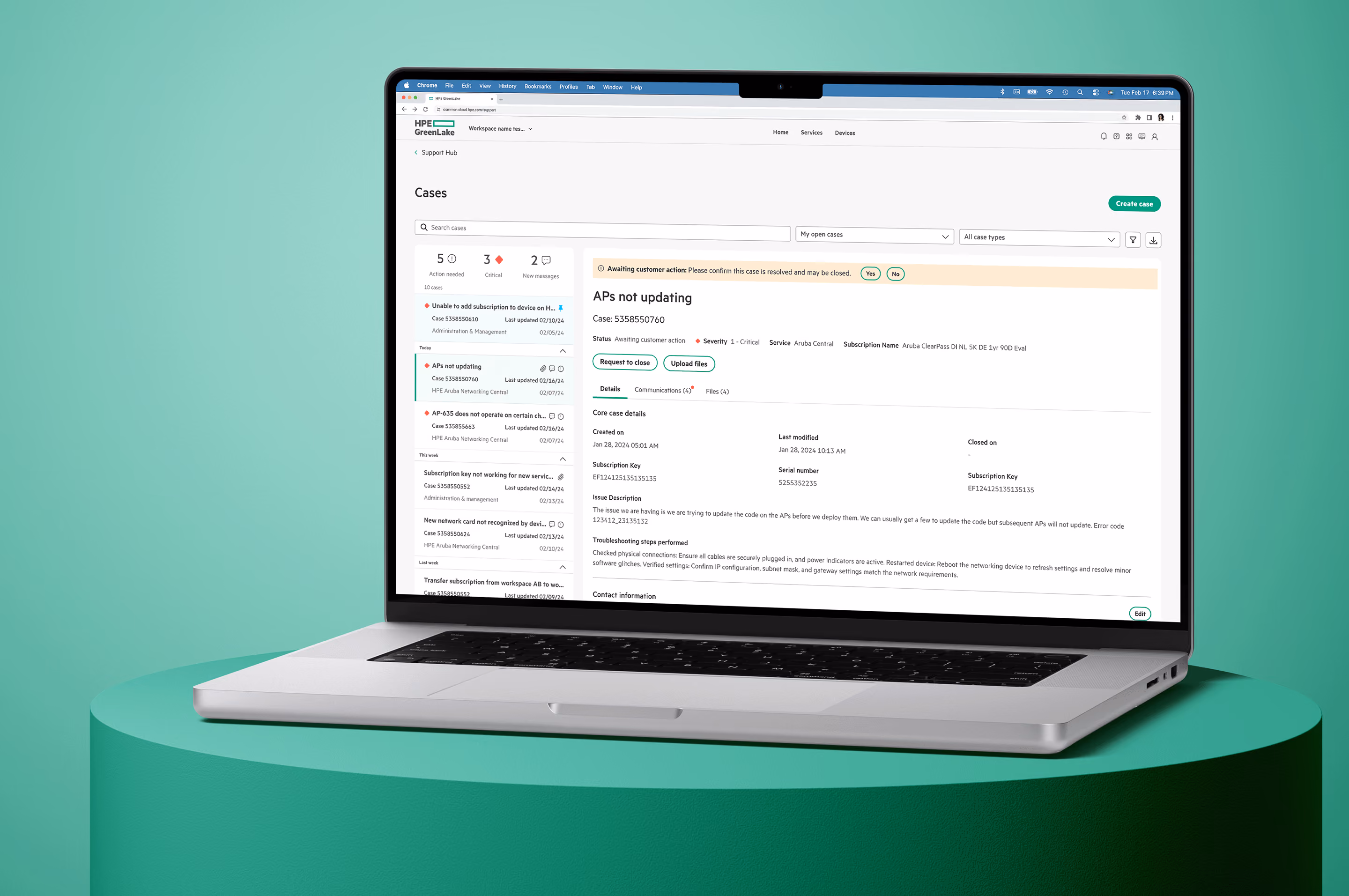 Computer monitor on desk displaying HPE GreenLake case management interface showing an open case about APs not updating.