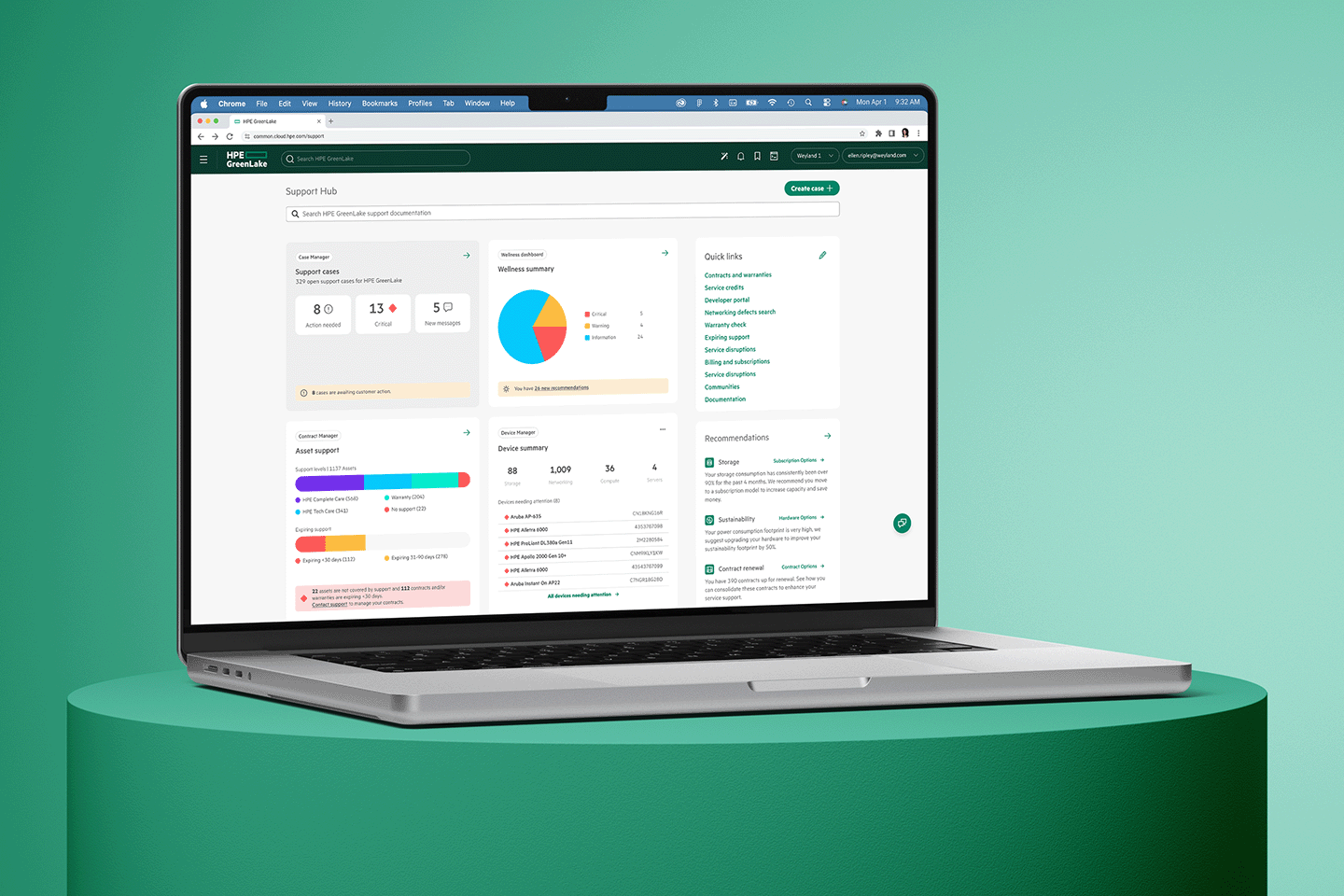 Person using a laptop displaying HPE GreenLake Support Hub dashboard with support cases, wellness summary pie chart, asset support bars, device summary, and quick links.