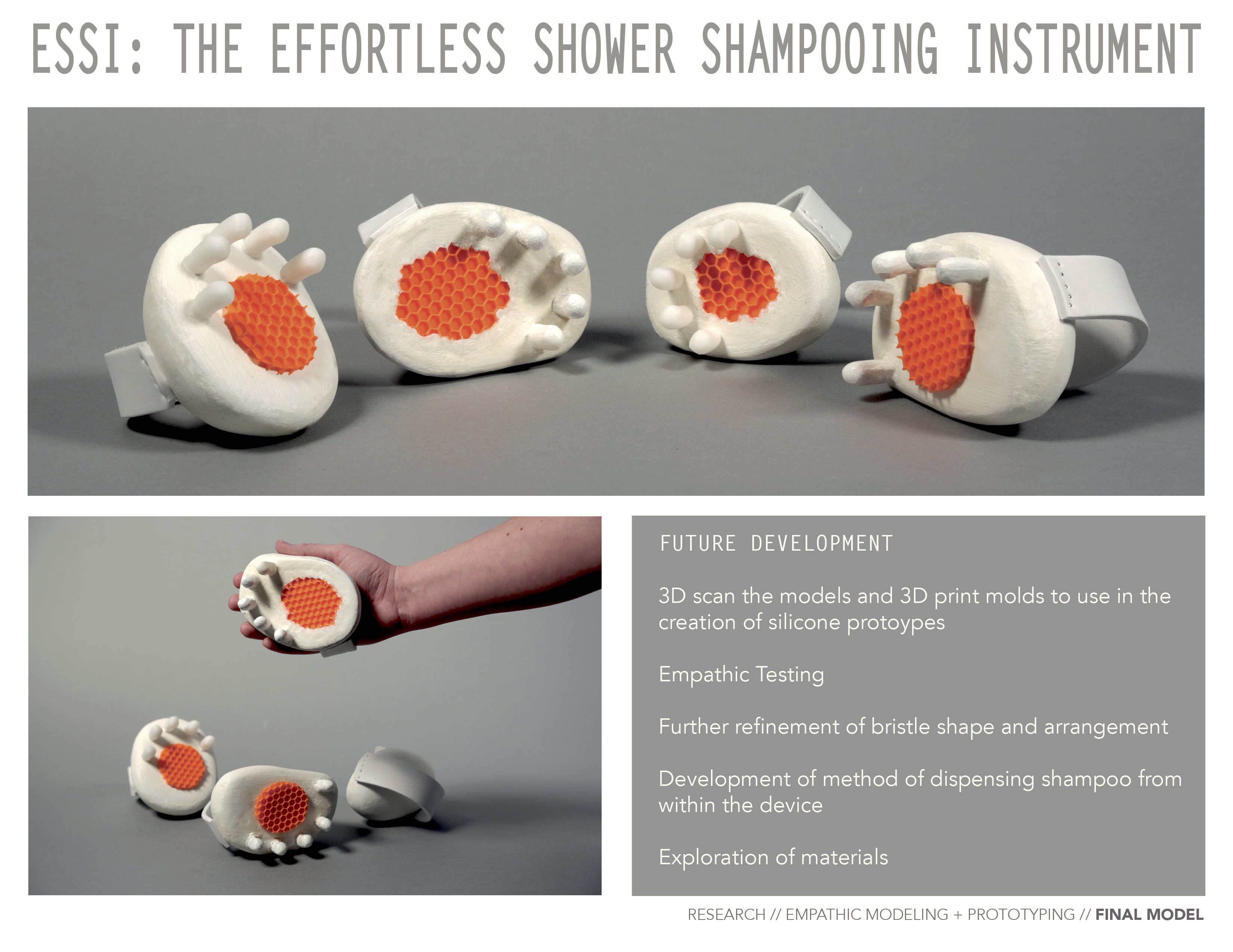 Four white ergonomic handheld shower shampooing devices with orange honeycomb texture and finger grips, one held in a hand.