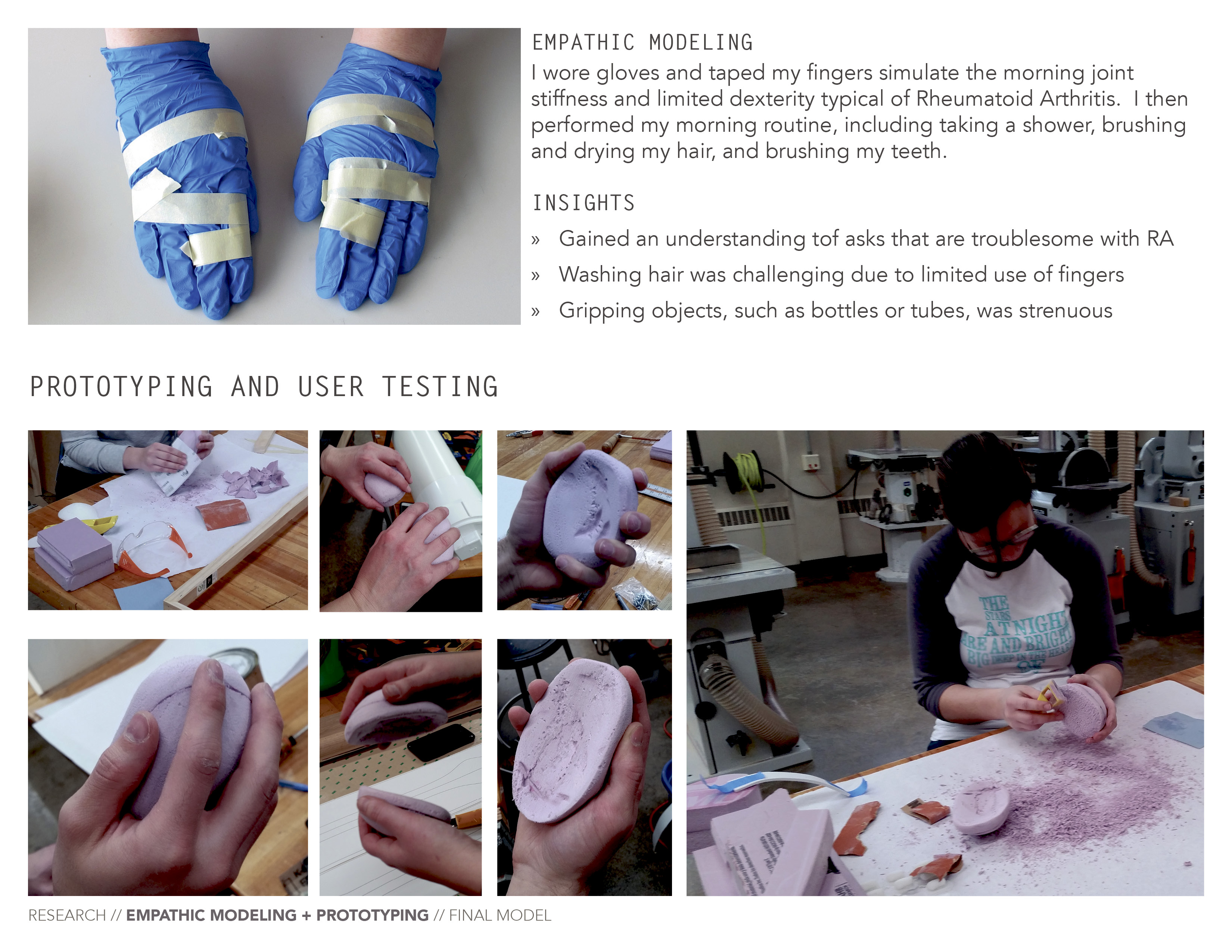 Hands wearing blue gloves taped to simulate finger stiffness for Rheumatoid Arthritis, with photos of prototyping and user testing involving shaping and sanding purple foam models in a workshop.