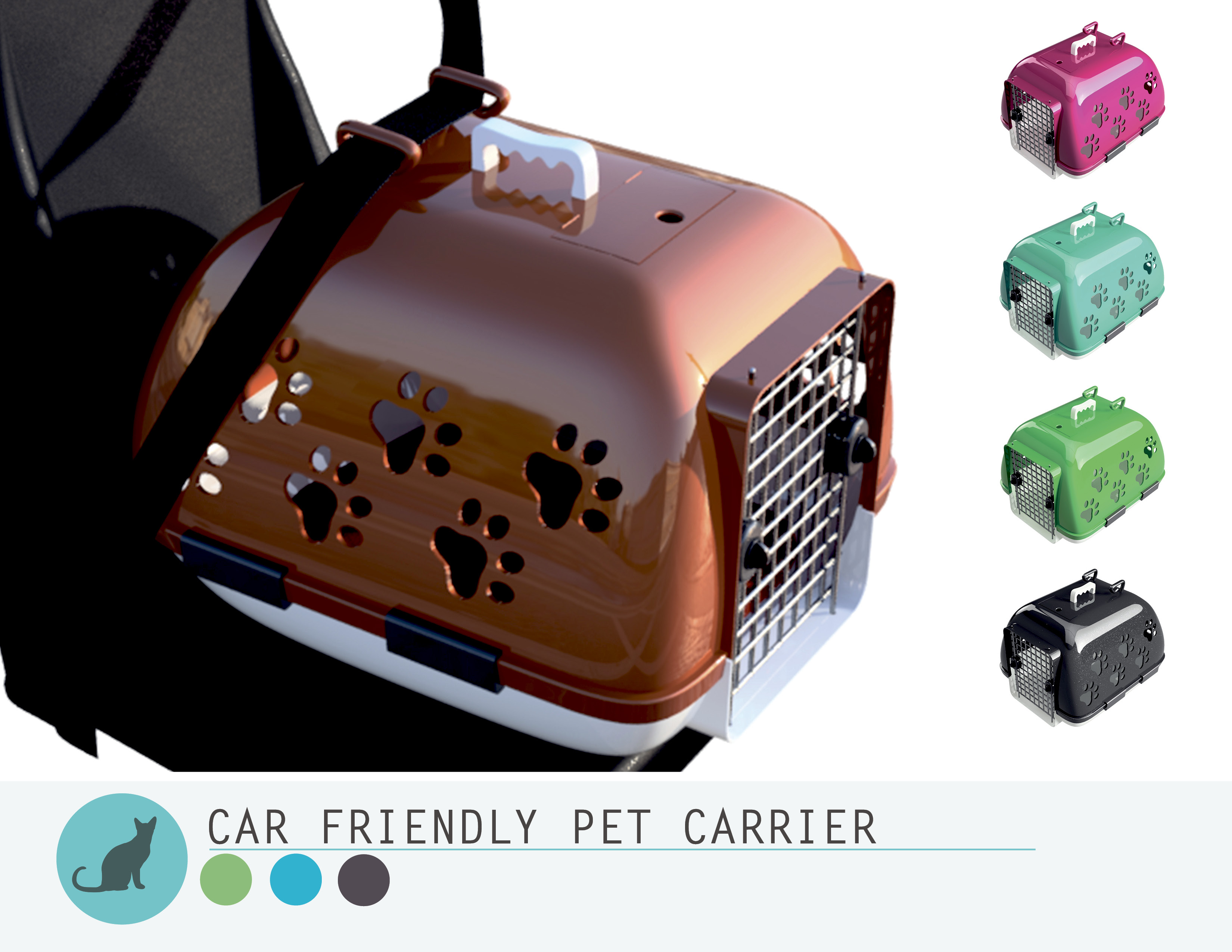 Car-friendly pet carrier with paw-shaped ventilation holes, shown in brown on a car seat with additional color options in pink, turquoise, green, and black.