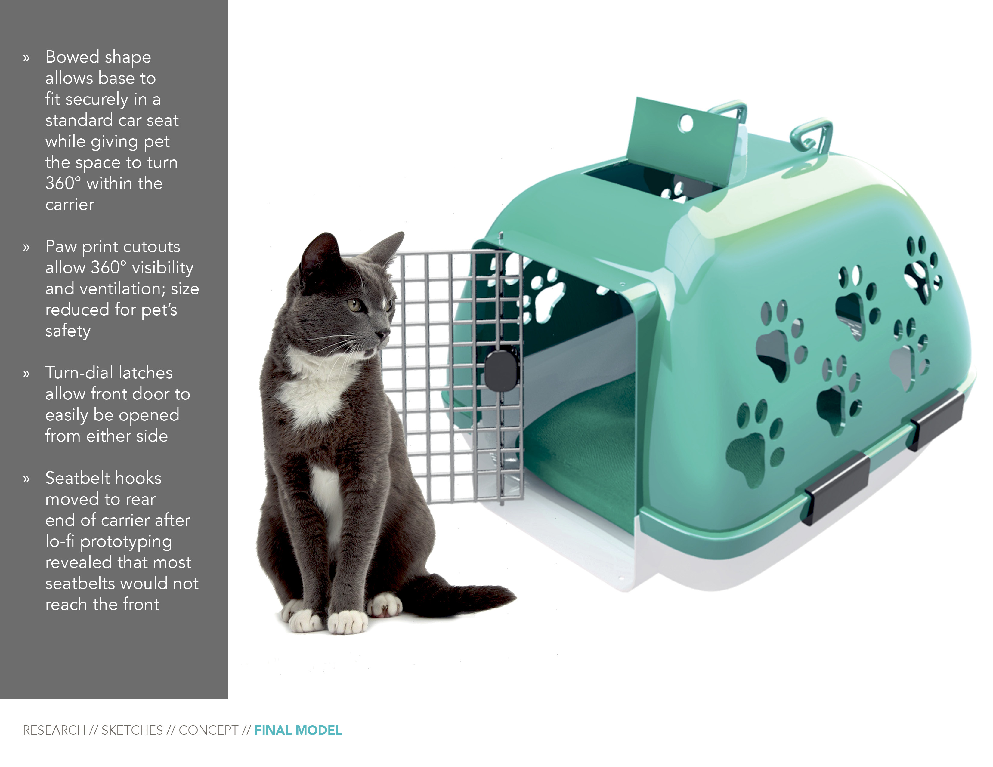 Gray and white cat sitting beside a teal pet carrier with paw print cutouts and an open front door.