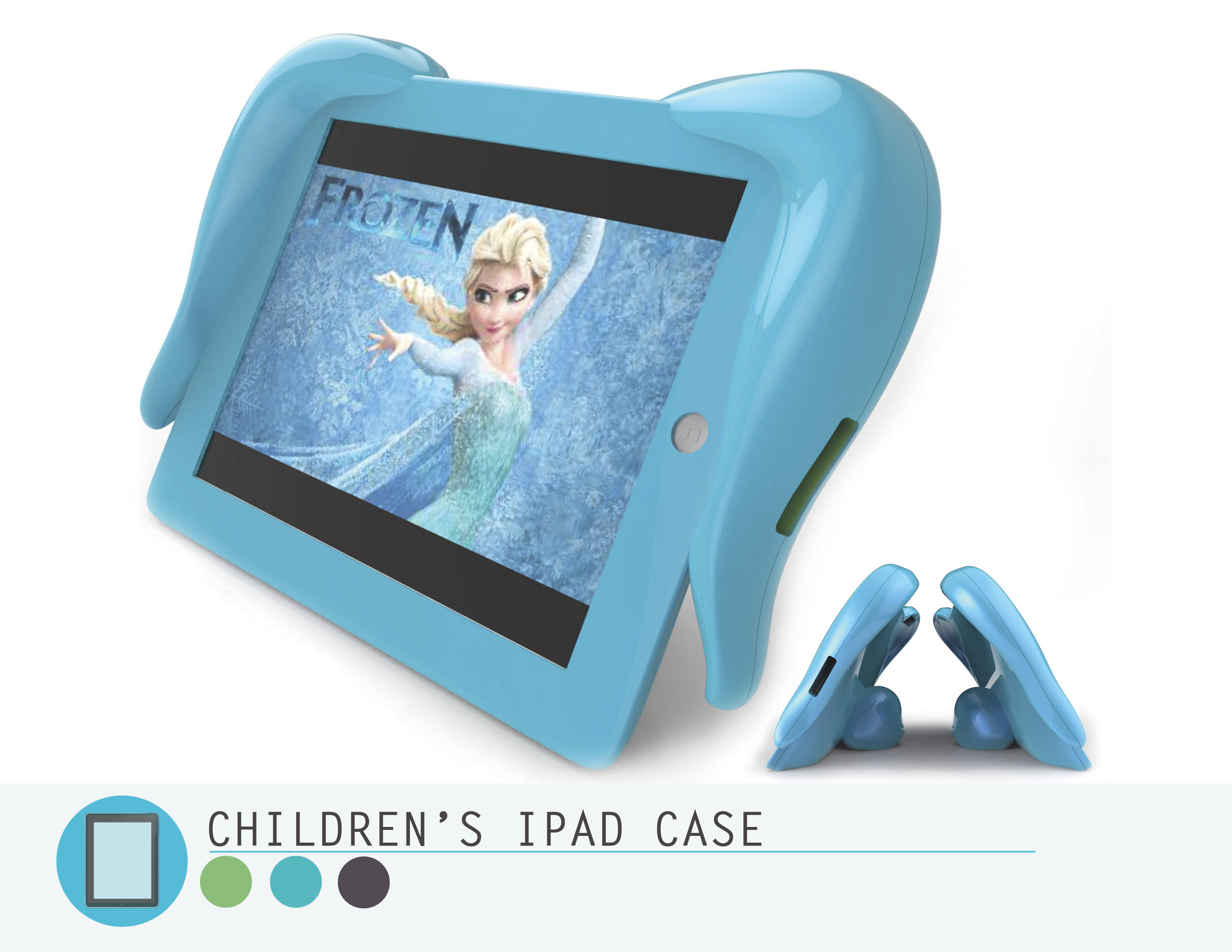 Blue children's iPad case with handles, displaying Frozen movie on screen, shown front and side views.