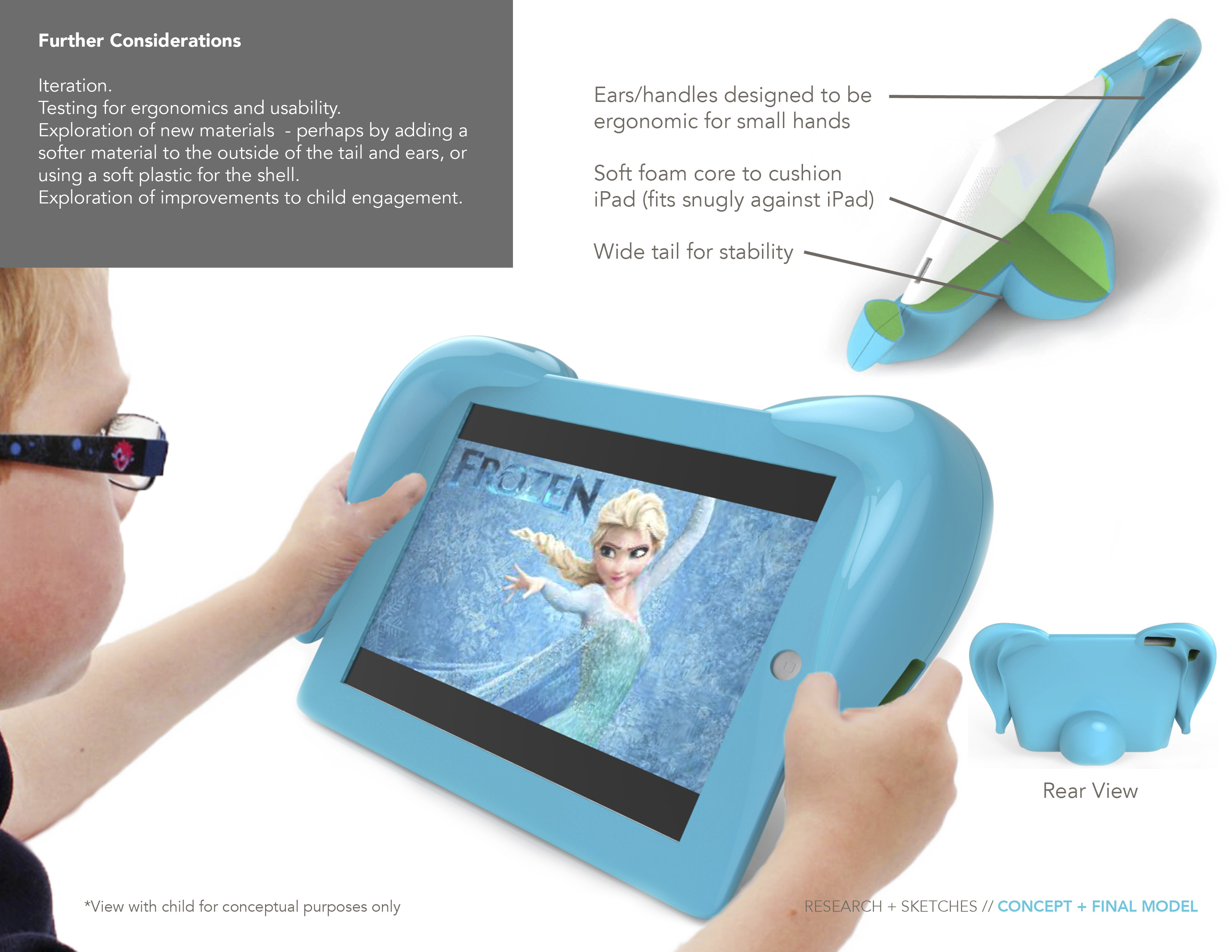 Child holding blue ergonomic tablet case with ear-shaped handles and wide tail, displaying Frozen on the screen, with design notes on features.