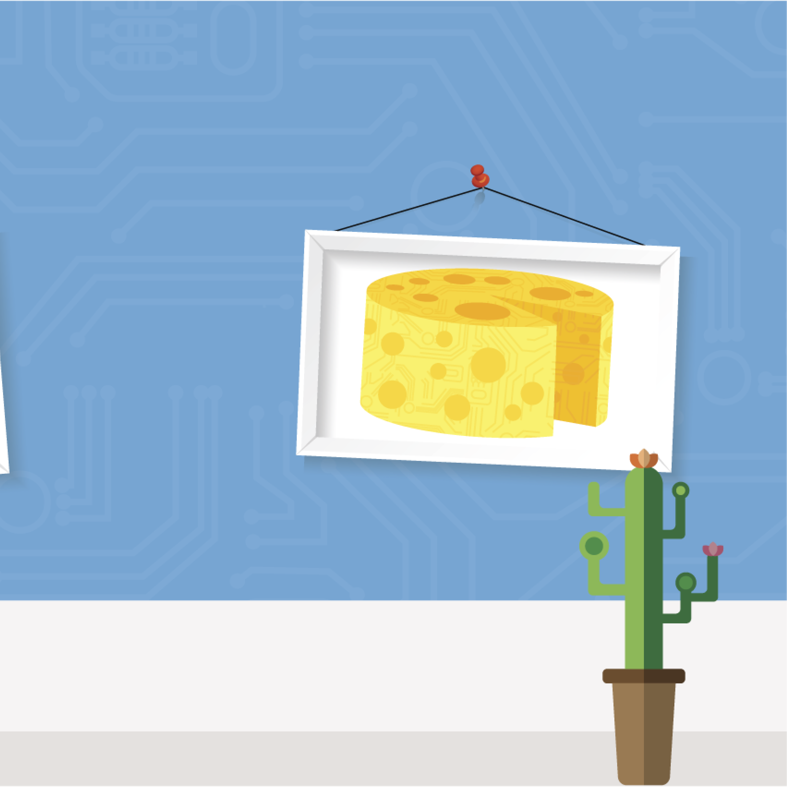 Illustration of a framed picture of a round cheese wedge with holes hanging on a blue wall next to a potted cactus with two flowers.