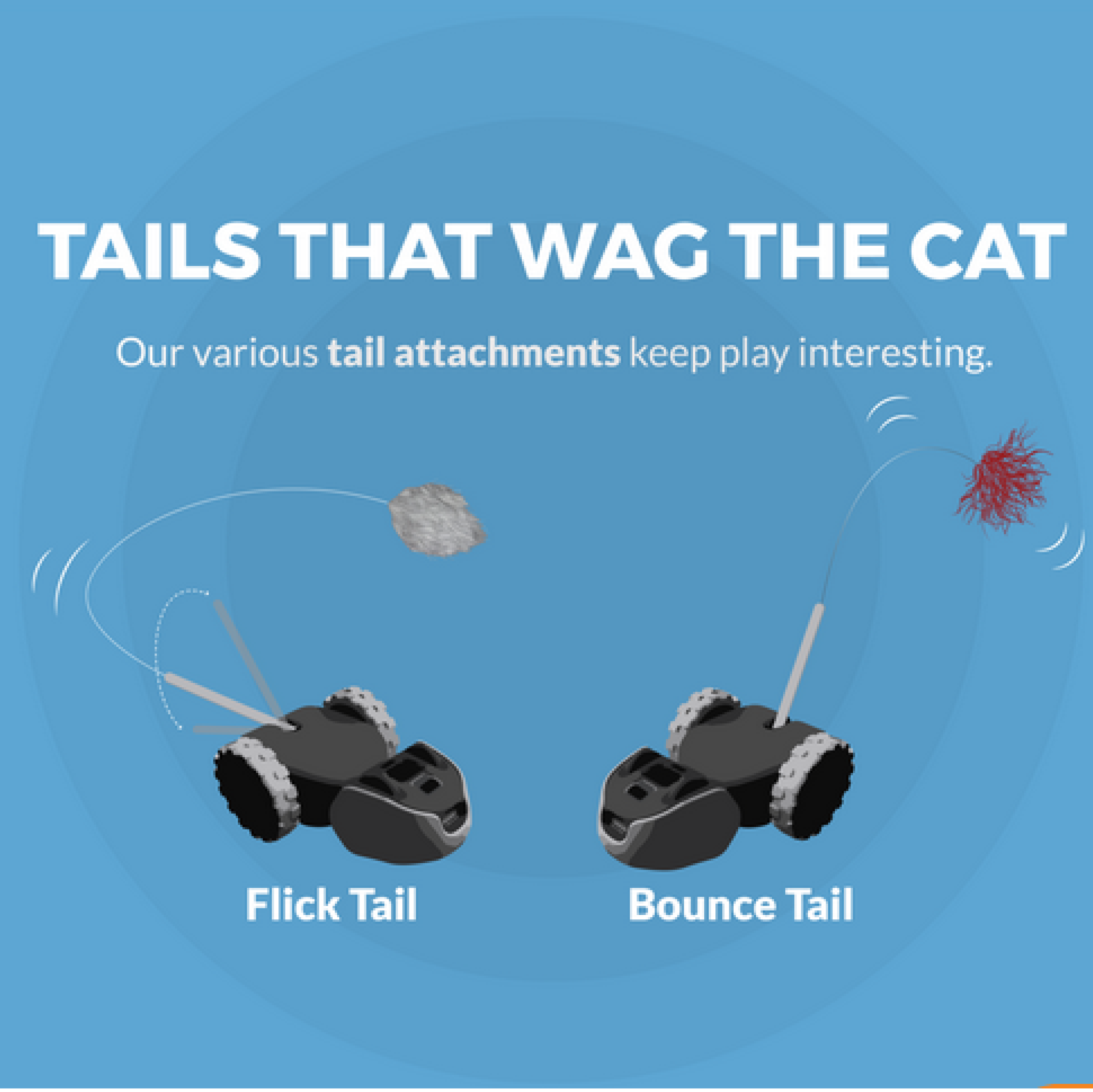 Two black robotic pet toys on wheels with different tail attachments labeled Flick Tail and Bounce Tail on a blue background with text about tail attachments.