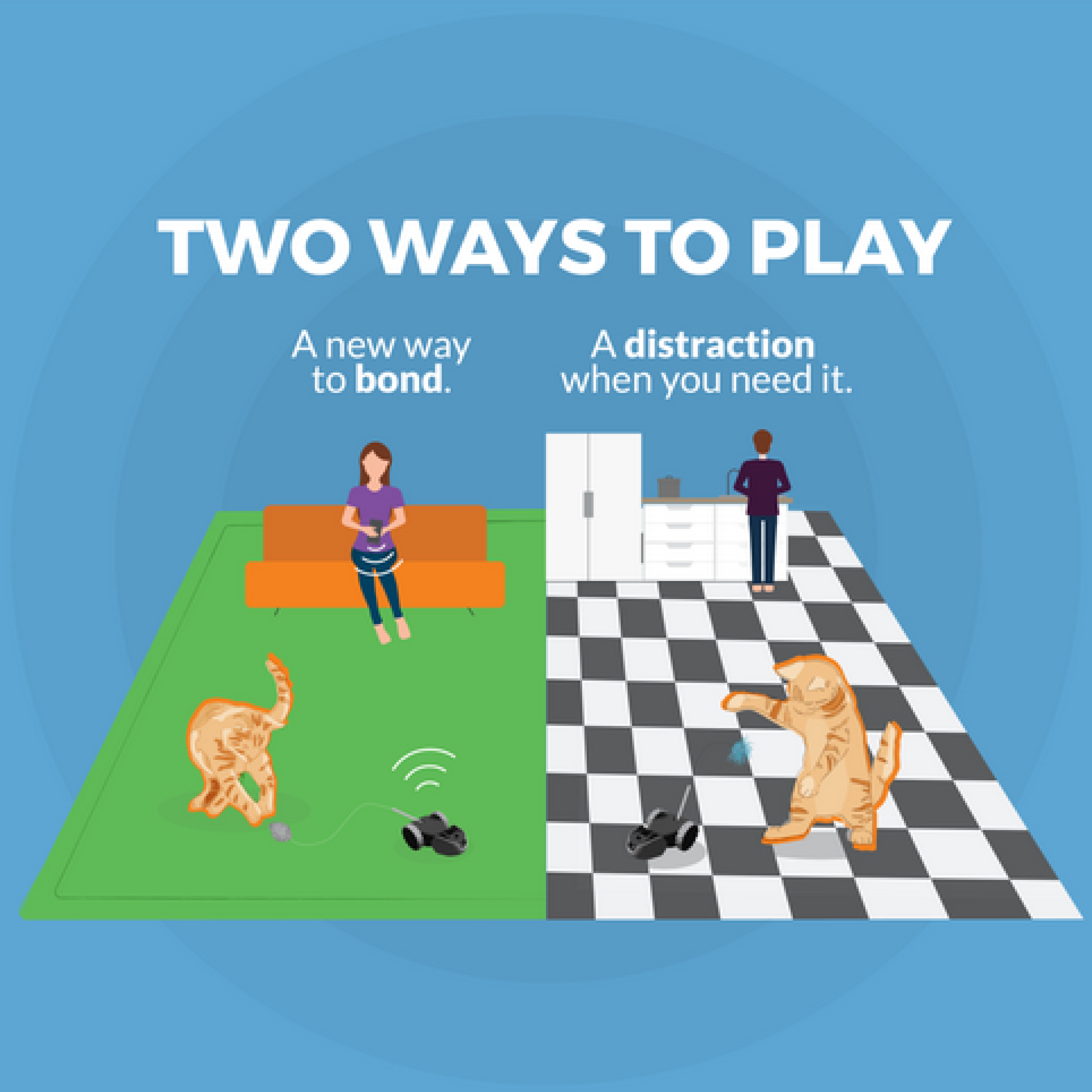 Illustration showing two ways to play with a cat: one side shows a woman bonding by remotely controlling a toy car on a green rug, and the other shows a man distracted in the kitchen while the cat plays with the toy on a black and white tiled floor.