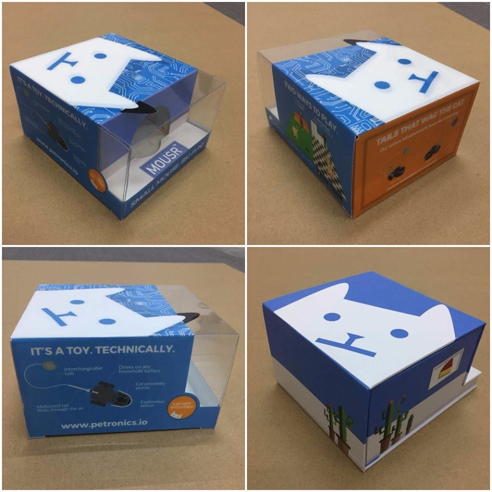Four views of a blue and white Petronics Mousr toy box featuring cat face design and text about toy features and play modes.