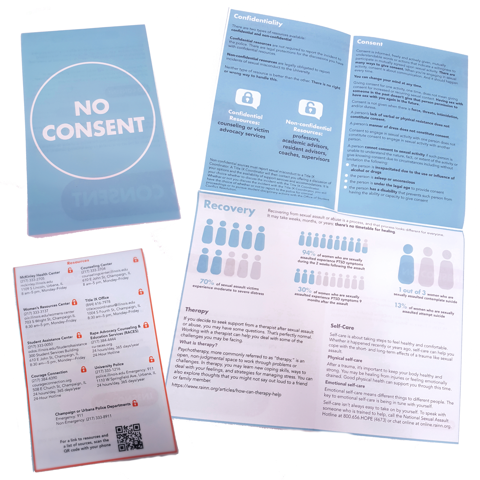 A folded informational brochure titled 'NO CONSENT' on the cover, with inside pages detailing confidentiality, consent, recovery statistics, therapy advice, self-care tips, and resource contacts for sexual assault survivors.