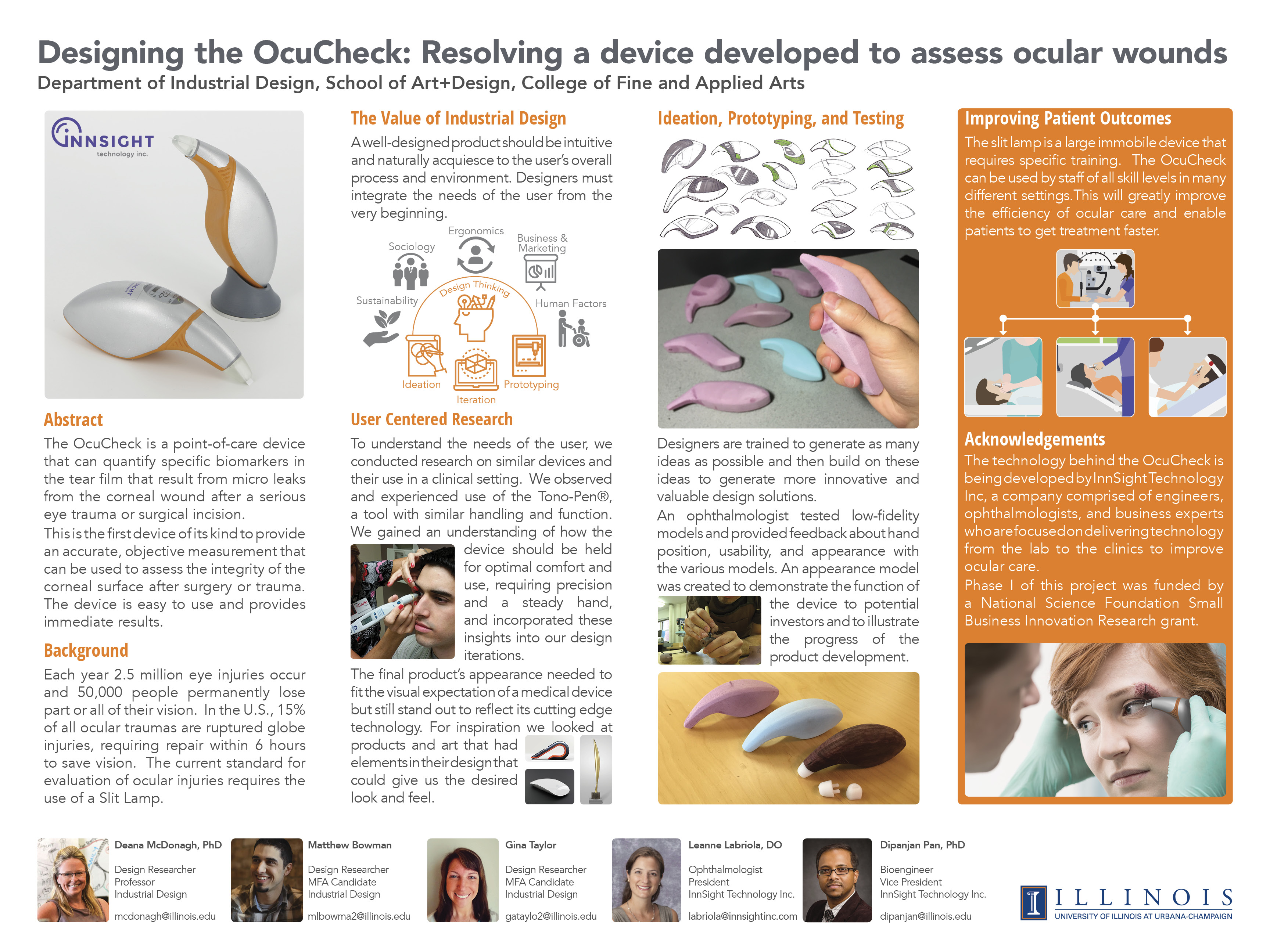 Research poster on designing OcuCheck, a device for assessing ocular wounds, featuring images of the device, prototyping models, user testing, and key information about design, background, and patient outcomes.