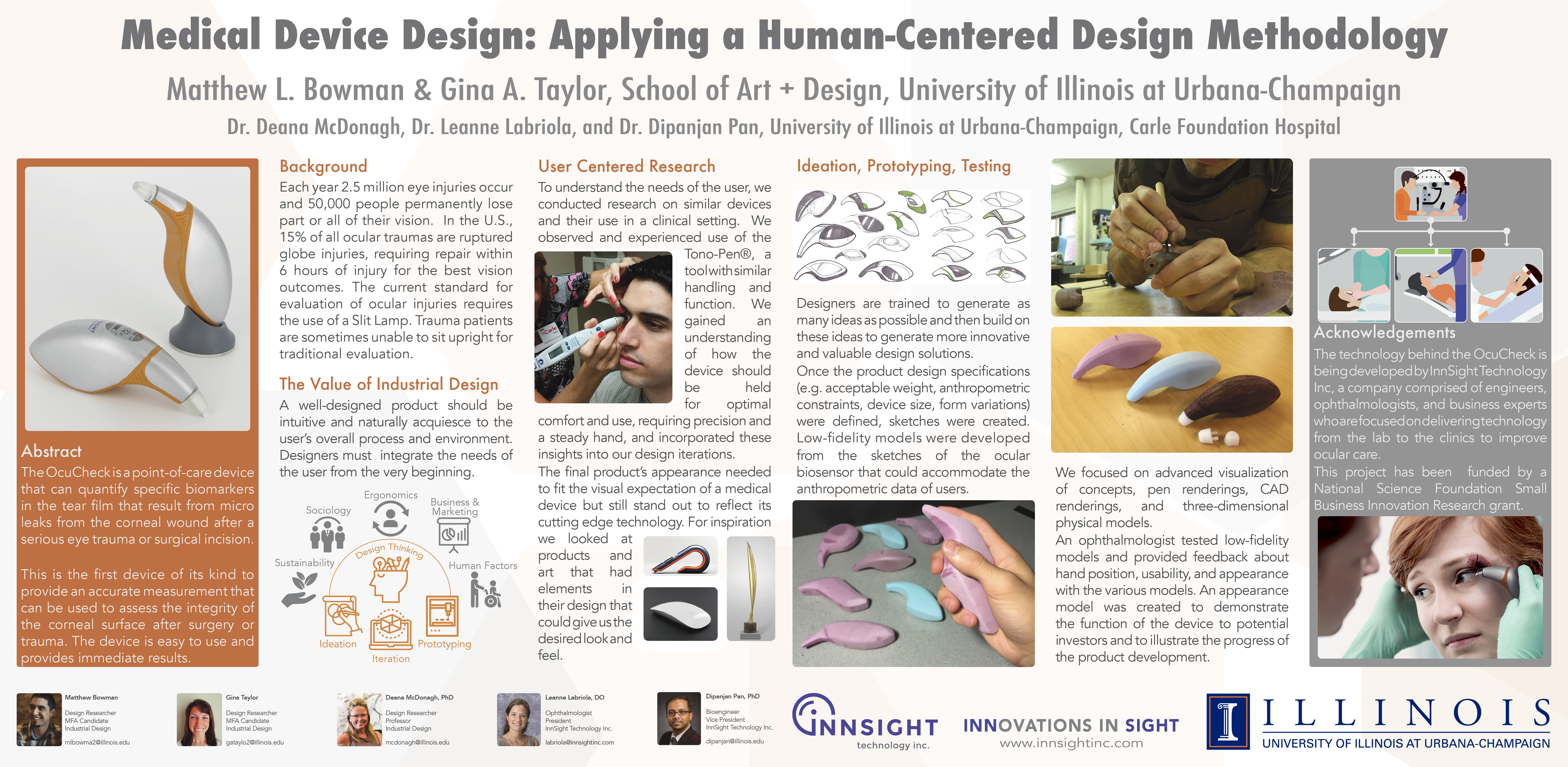 Poster titled 'Medical Device Design: Applying a Human-Centered Design Methodology' detailing the development of the OcuCheck eye trauma device, including images of the device, design sketches, prototype models, and photos of users testing the device, with sections covering background, research, ideation, prototyping, testing, and acknowledgements.