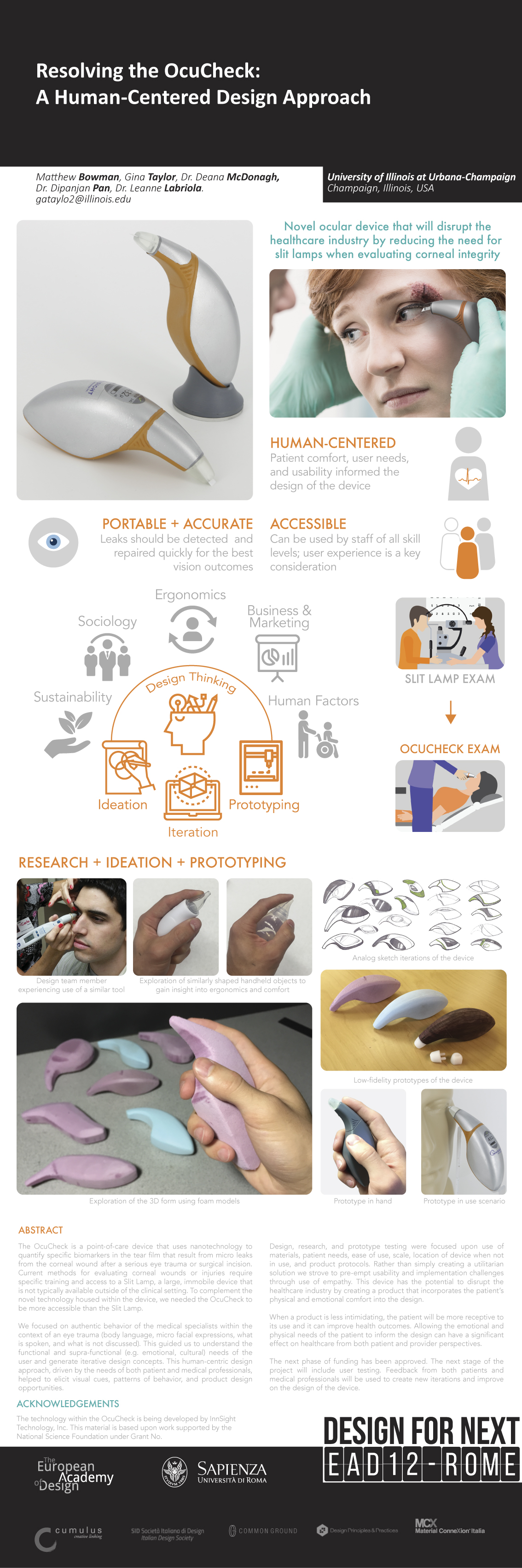 Infographic about OcuCheck, a novel ocular device designed to reduce use of slit lamps by assessing corneal integrity, highlighting human-centered design, portability, accessibility, and research phases including prototyping and testing.