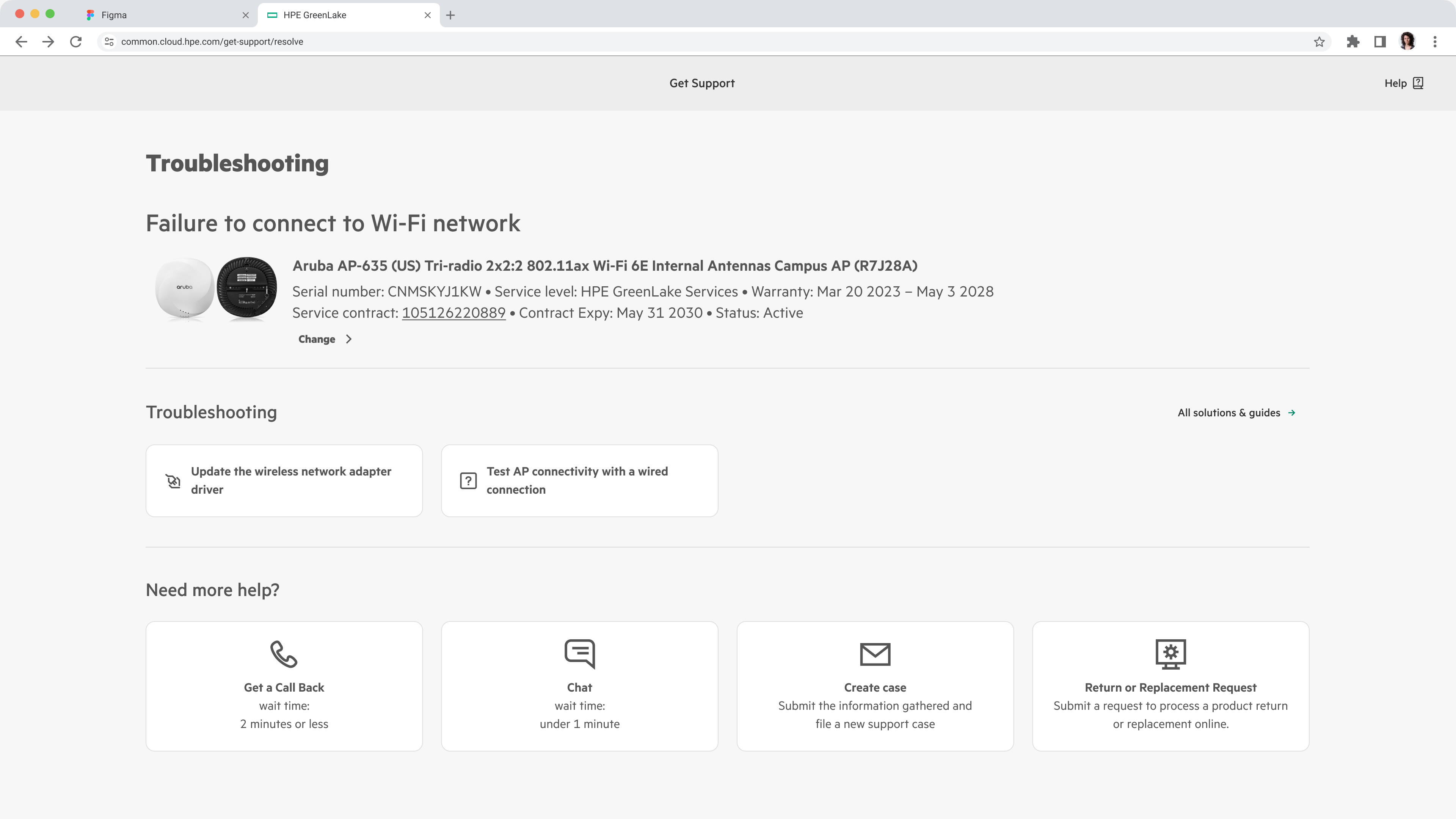 HPE GreenLake support webpage showing troubleshooting steps for Wi-Fi connection issues with Aruba AP-635 device details and options for updating driver, testing connectivity, and support contact methods.