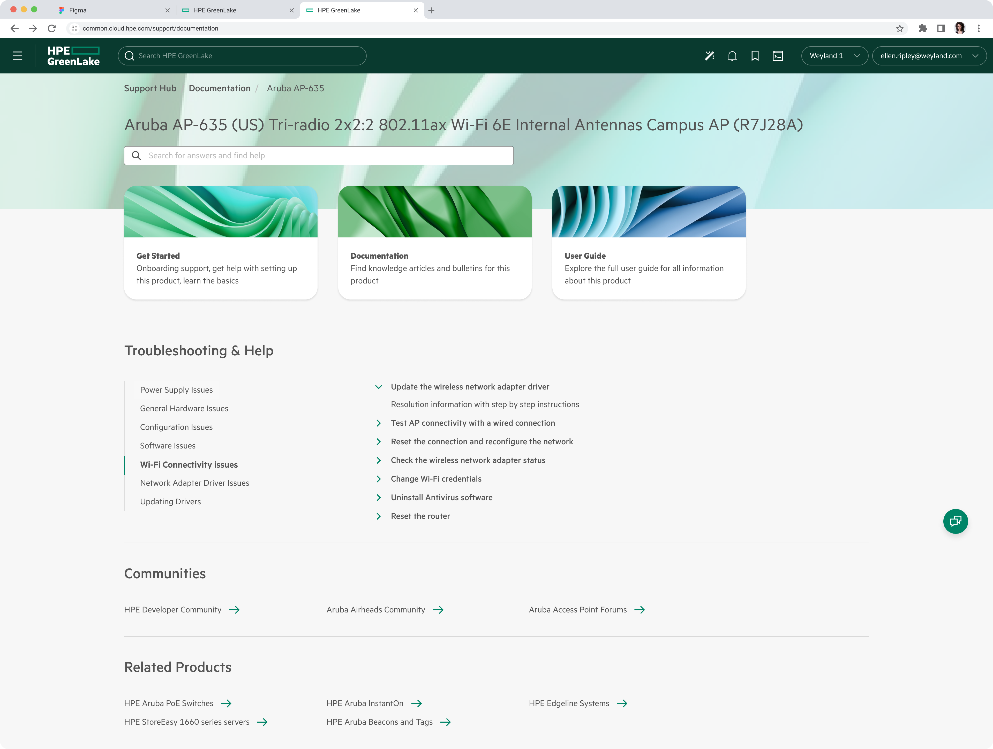HPE GreenLake support documentation page for Aruba AP-635 showing navigation tabs, search bar, troubleshooting help topics, community links, and related products.