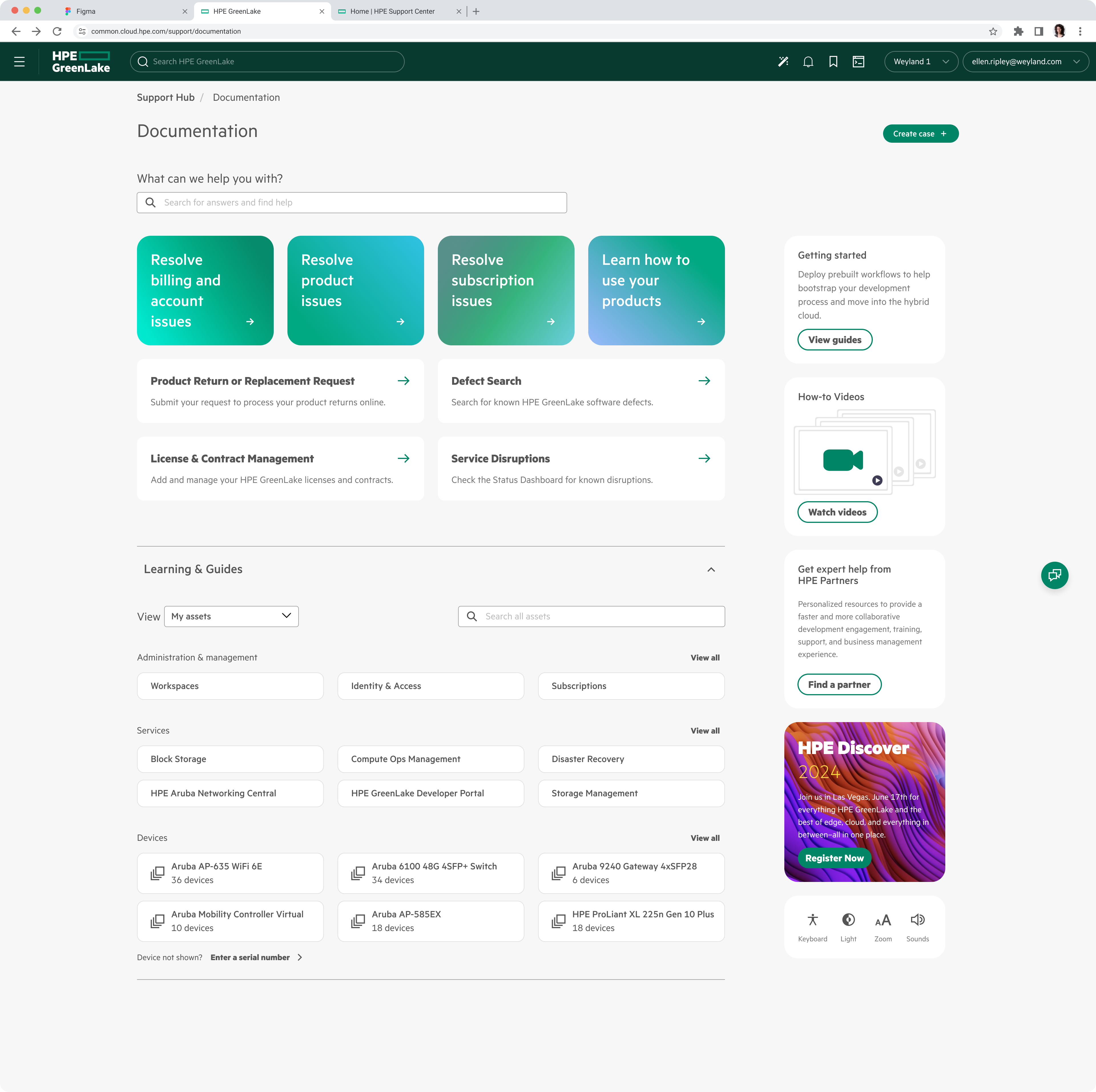 HPE GreenLake Support documentation page with options to resolve billing, product, subscription issues, learn product use, and access guides, videos, and partner help.