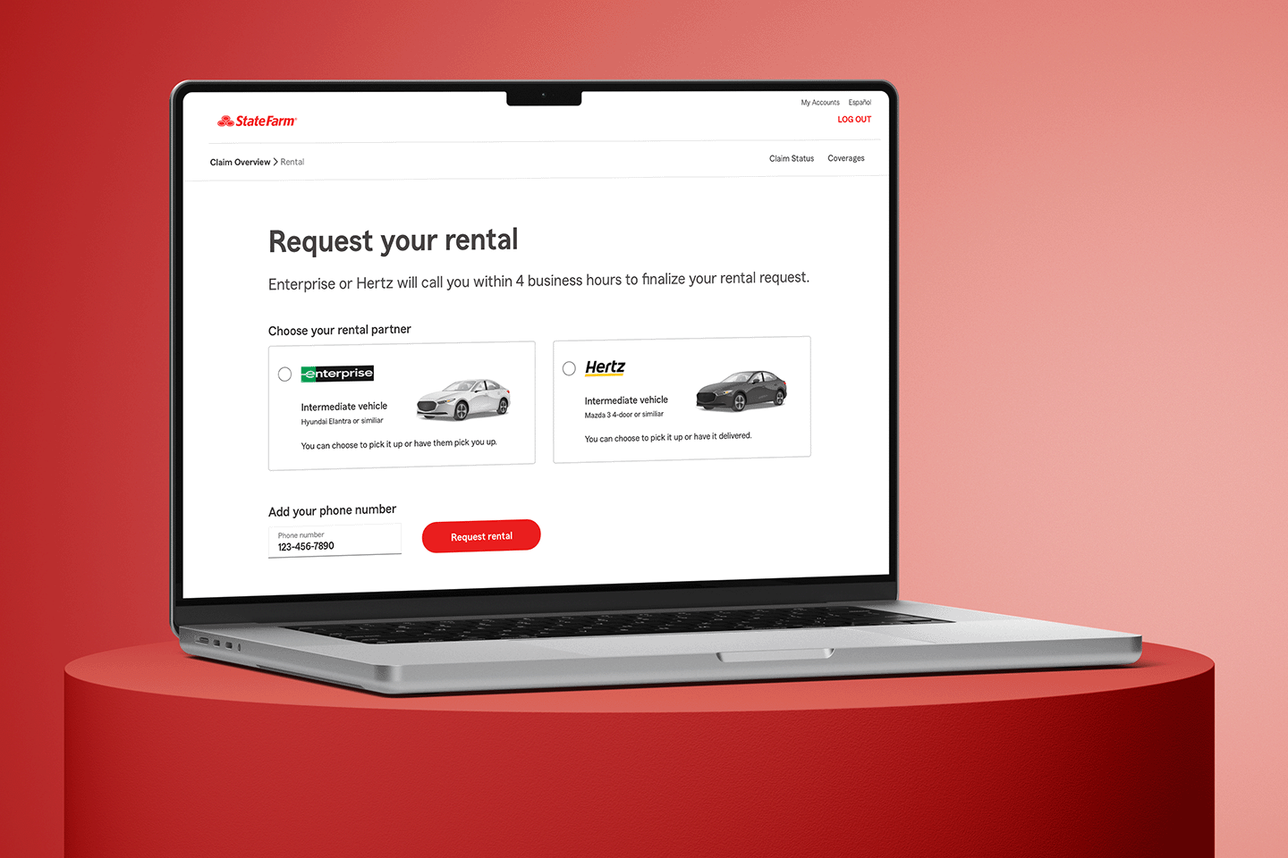 MacBook Pro on wooden table displaying a State Farm webpage to request a rental car from Enterprise or Hertz, with options for intermediate vehicles.