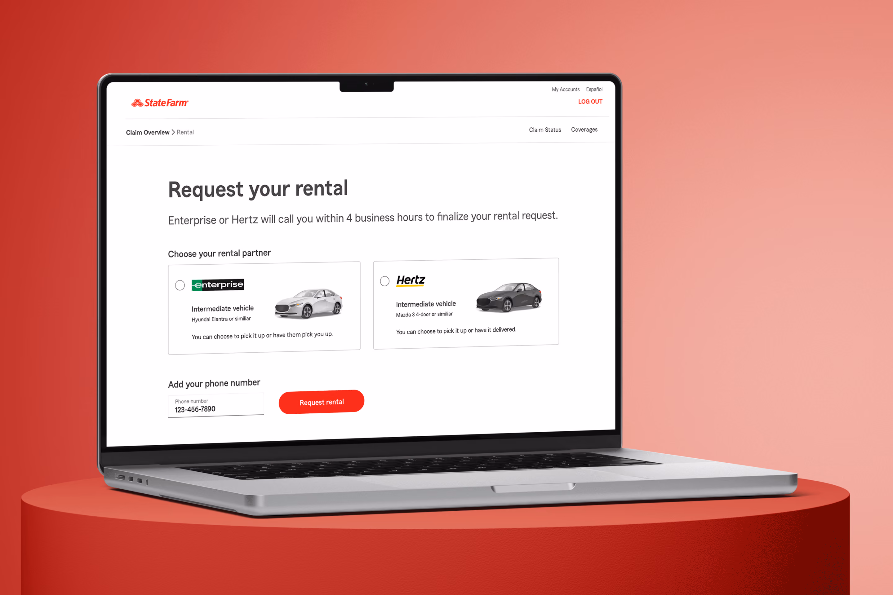 MacBook Pro on wooden table displaying a State Farm webpage to request a rental car from Enterprise or Hertz, with options for intermediate vehicles.