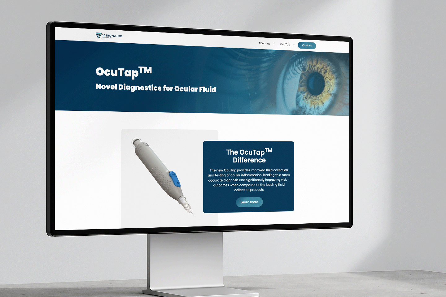 Computer monitor displaying the Visionaire website for OcuTap™, a device for novel diagnostics of ocular fluid with an image of the device and an eye close-up.