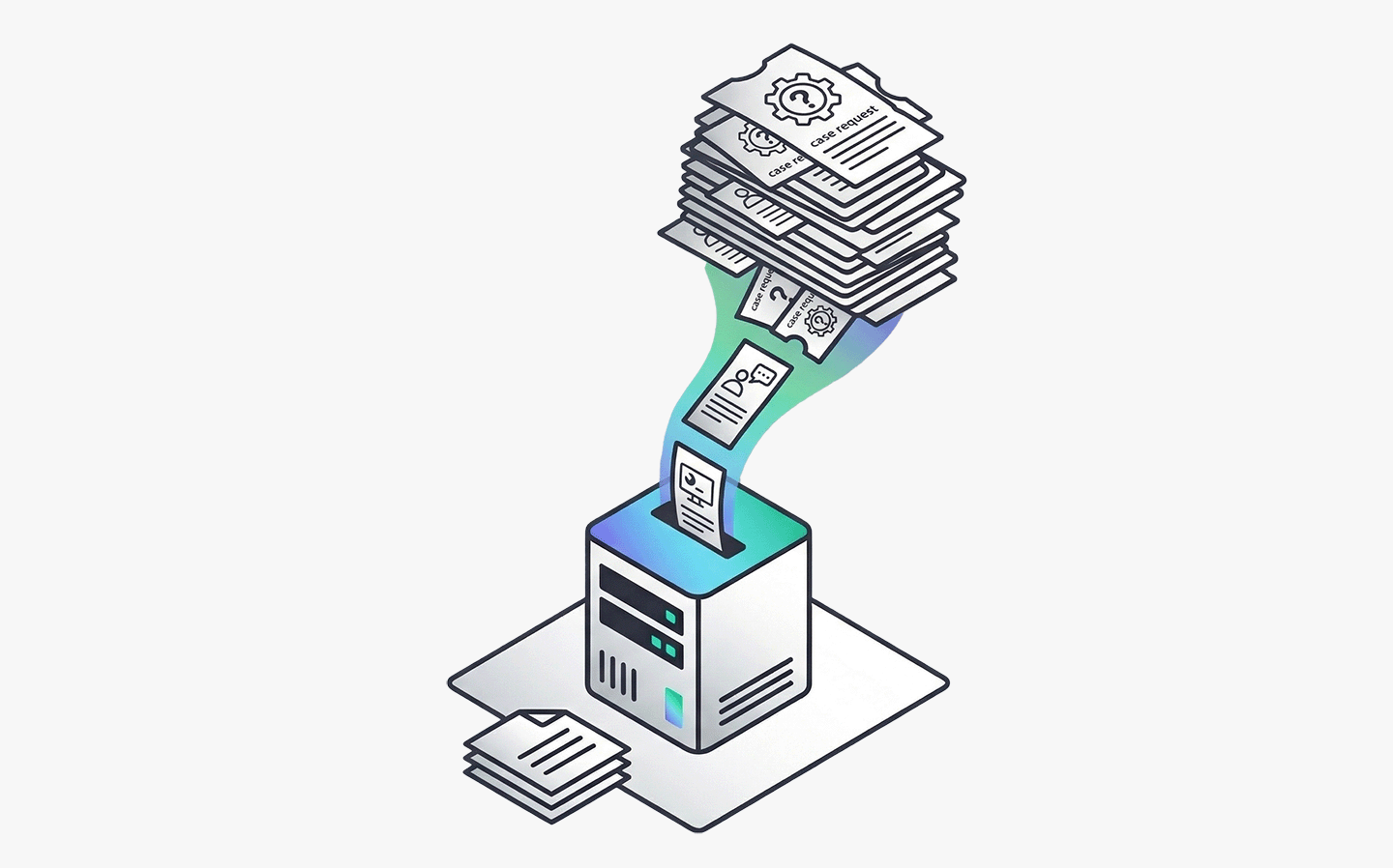 Illustration of a device organizing and processing a large stack of case request documents into smaller, sorted files.