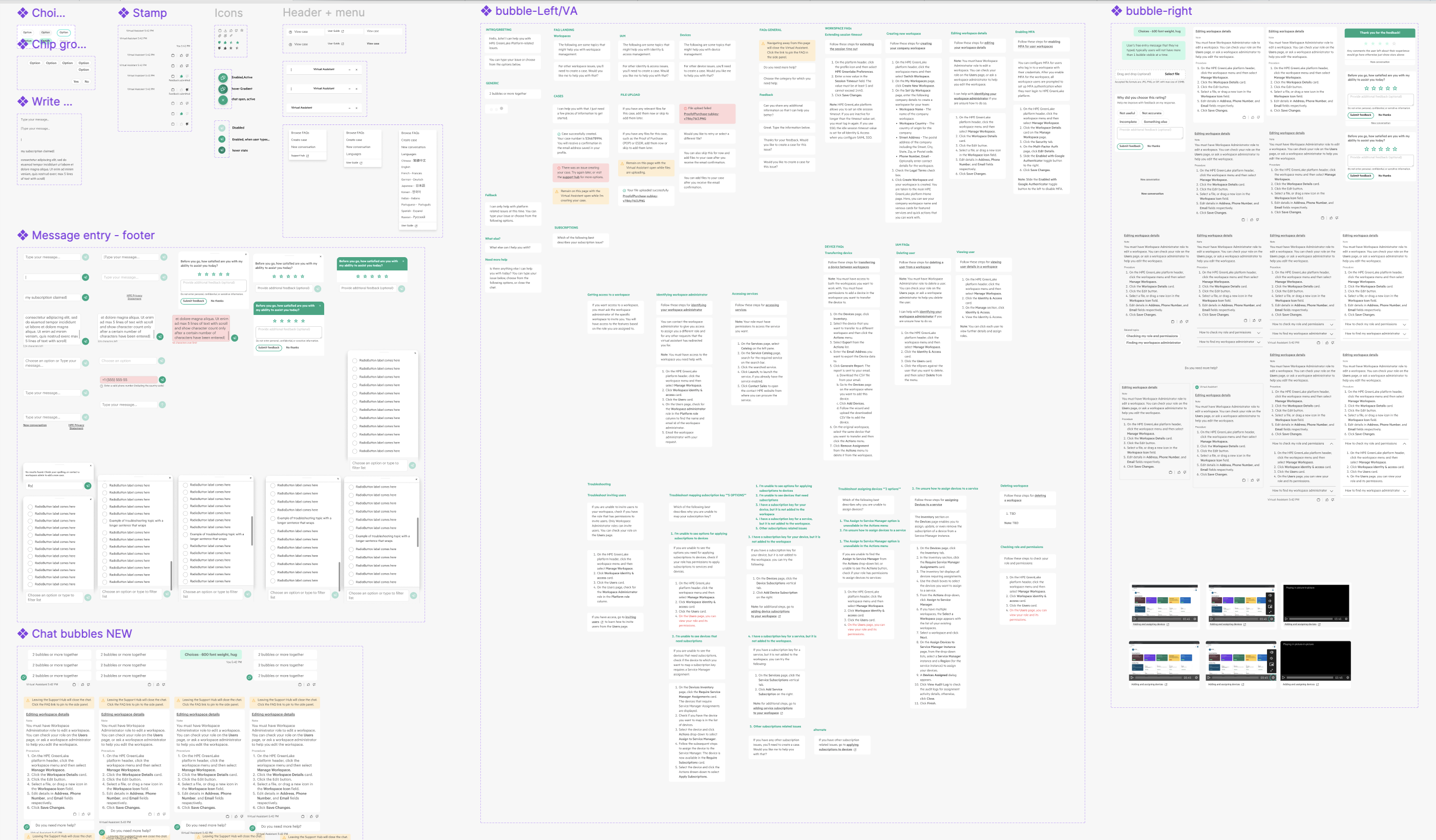 Detailed design and text layout for user interface components including chat bubbles, message entry, stamps, and bubble-right sections with annotations and instructions.