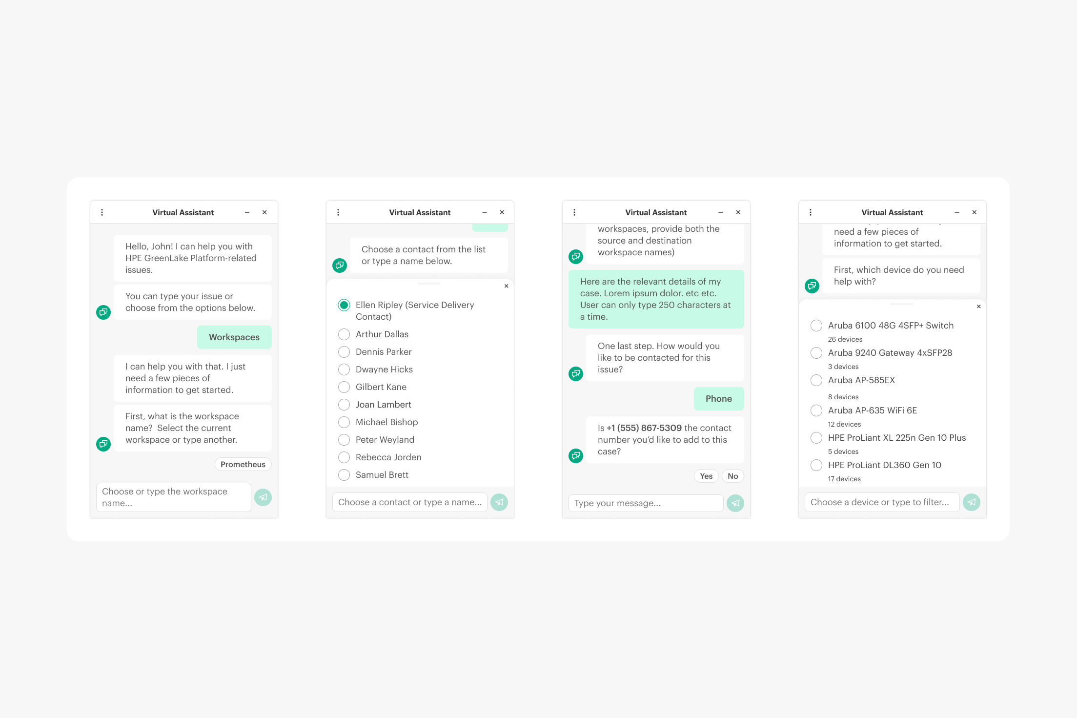 Four panels of a virtual assistant chat interface showing step-by-step user interaction for troubleshooting HPE GreenLake Platform issues, including workspace selection, contact choice, case detail input, and device selection.
