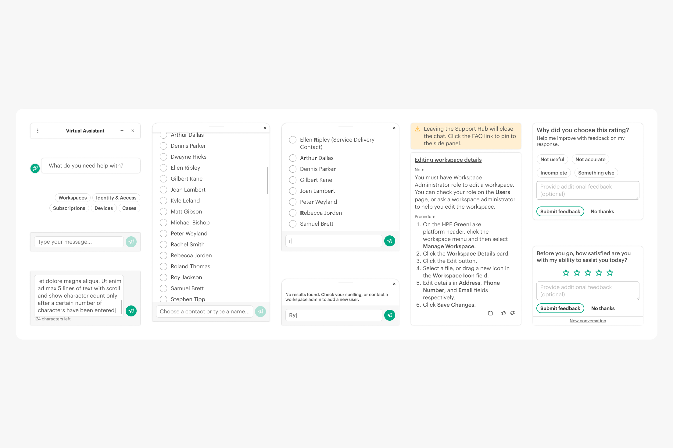 User interface showing a virtual assistant chat window with message input, contact selection lists, workspace editing instructions, and feedback forms with rating stars and buttons.