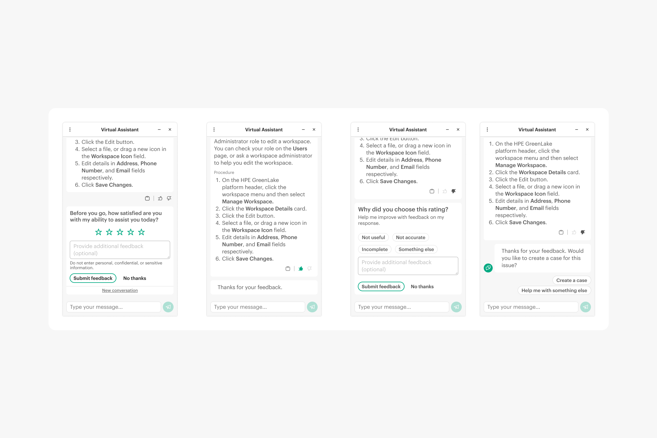 Four screenshots of a virtual assistant chat interface showing feedback prompts with star rating, text input, and options to submit feedback, explain a rating, or create a case.