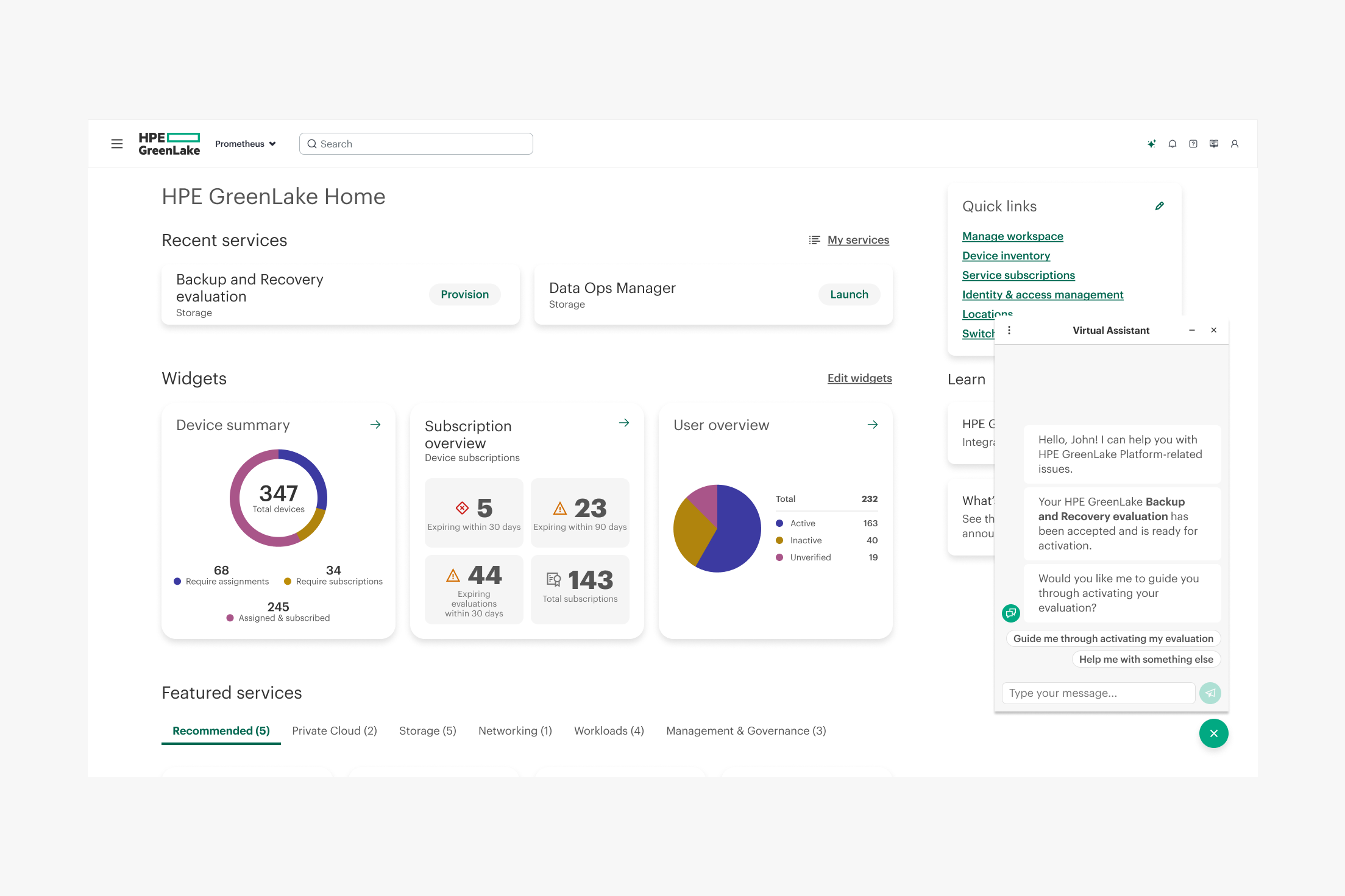 HPE GreenLake Home dashboard showing recent services Backup and Recovery evaluation and Data Ops Manager, widgets with device summary, subscription overview, user overview pie chart, quick links, and a virtual assistant chat offering help with backup and recovery evaluation activation.