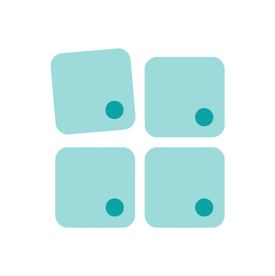 Four rounded squares in a 2x2 grid with a teal dot inside each square near the bottom right corner.