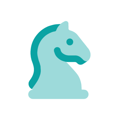 Simplified illustration of a chess knight piece in light and dark teal colors.