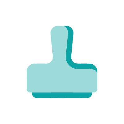 Simplified illustration of a stamp with a light blue handle and darker blue shadow.