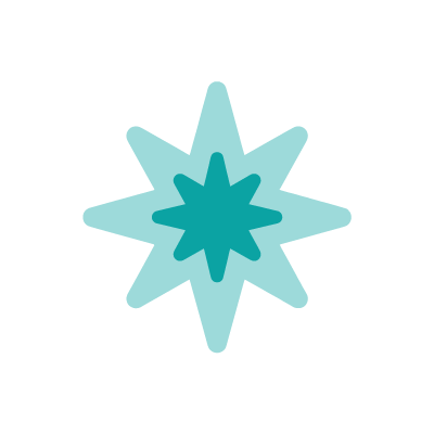 Graphic of two overlapping eight-pointed stars in teal and light blue on a white background.