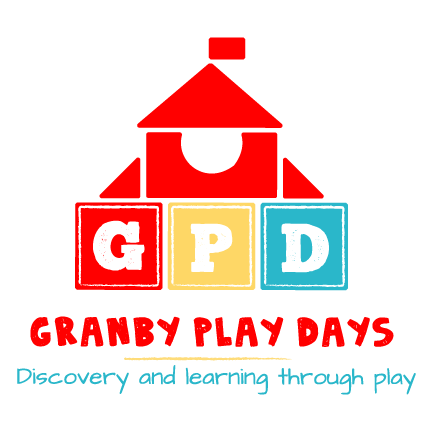 Logo of Granby Play Days featuring a red playhouse above colorful blocks with letters G, P, and D, and the tagline 'Discovery and learning through play.'