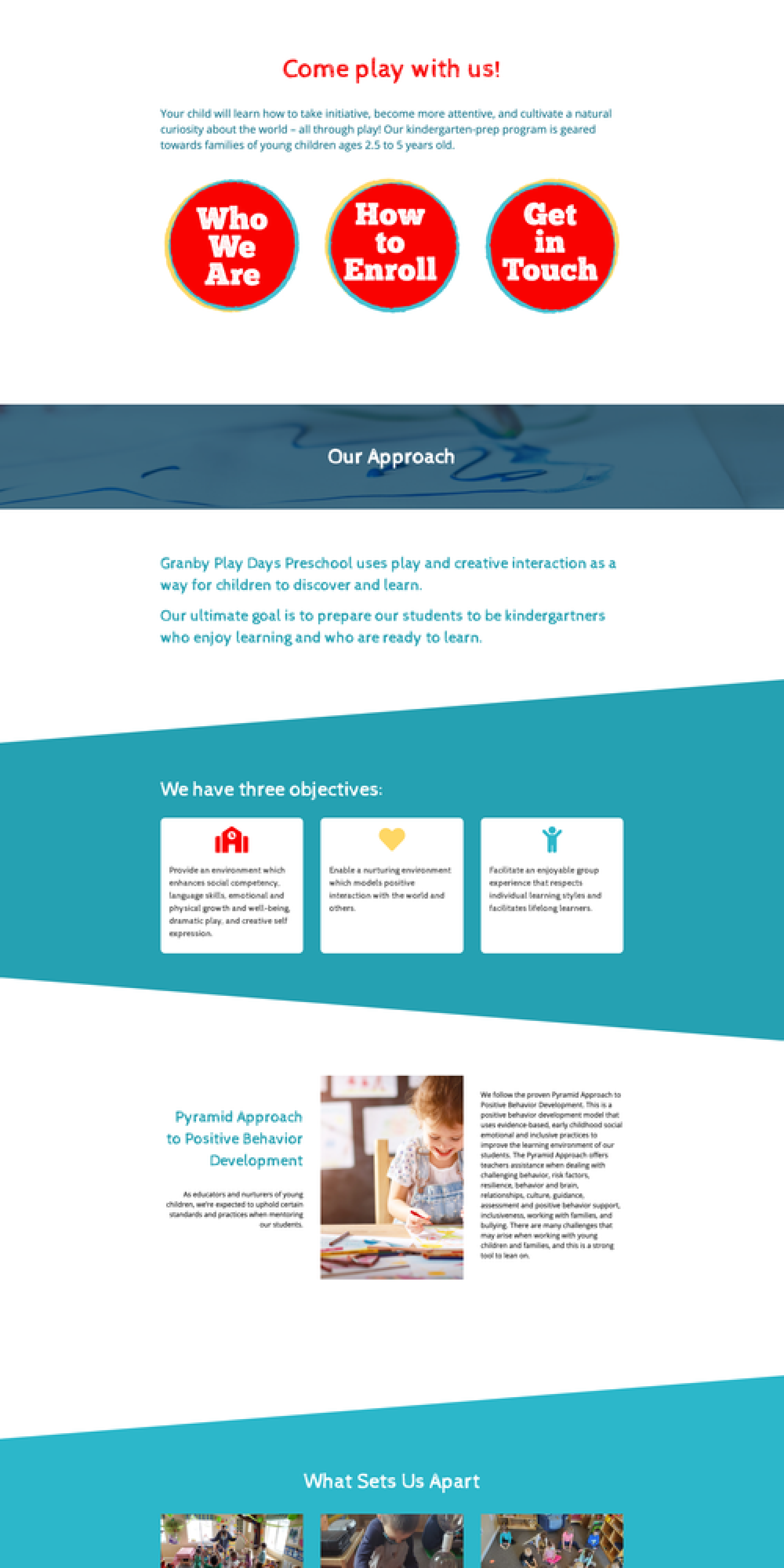 Preschool webpage highlighting play-based learning, enrollment info, positive behavior development, and unique program features with images of children playing and drawing.