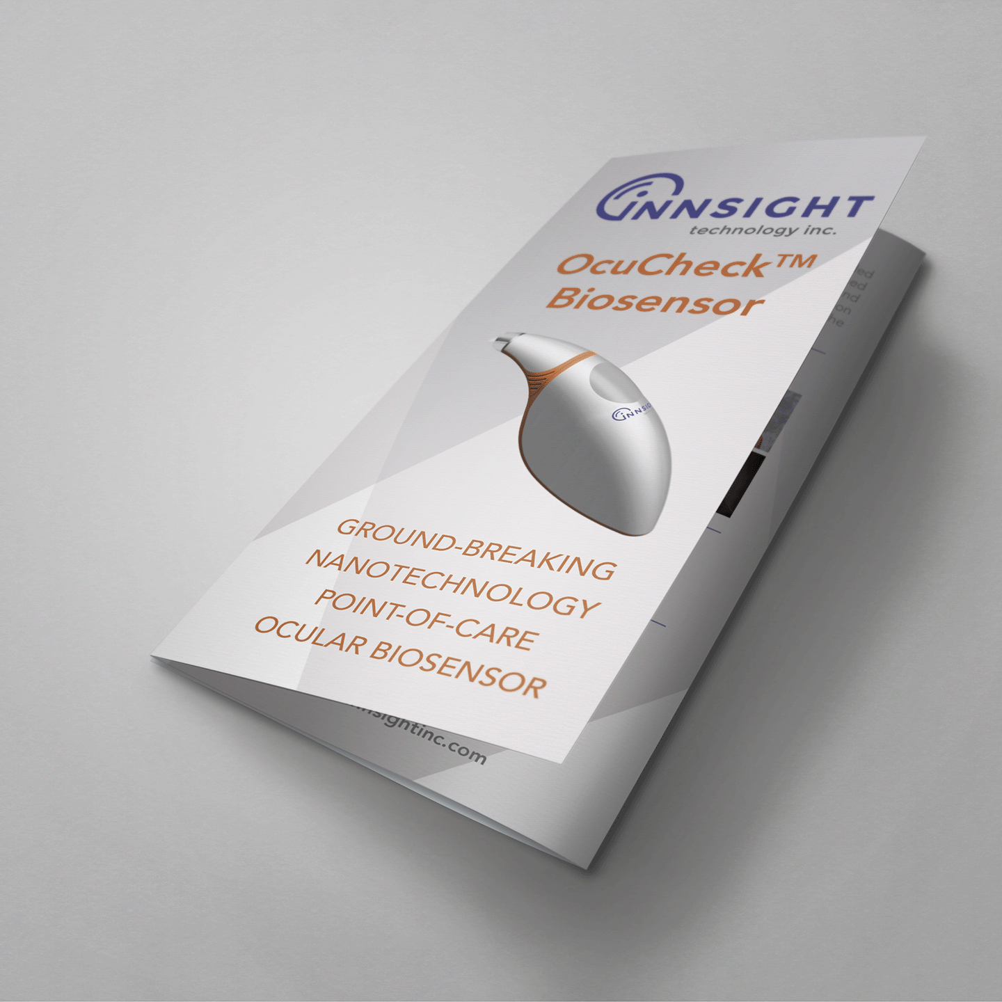 Brochure for INNSIGHT technology's OcuCheck Biosensor, describing it as a ground-breaking nanotechnology point-of-care ocular biosensor with an image of the biosensor device.