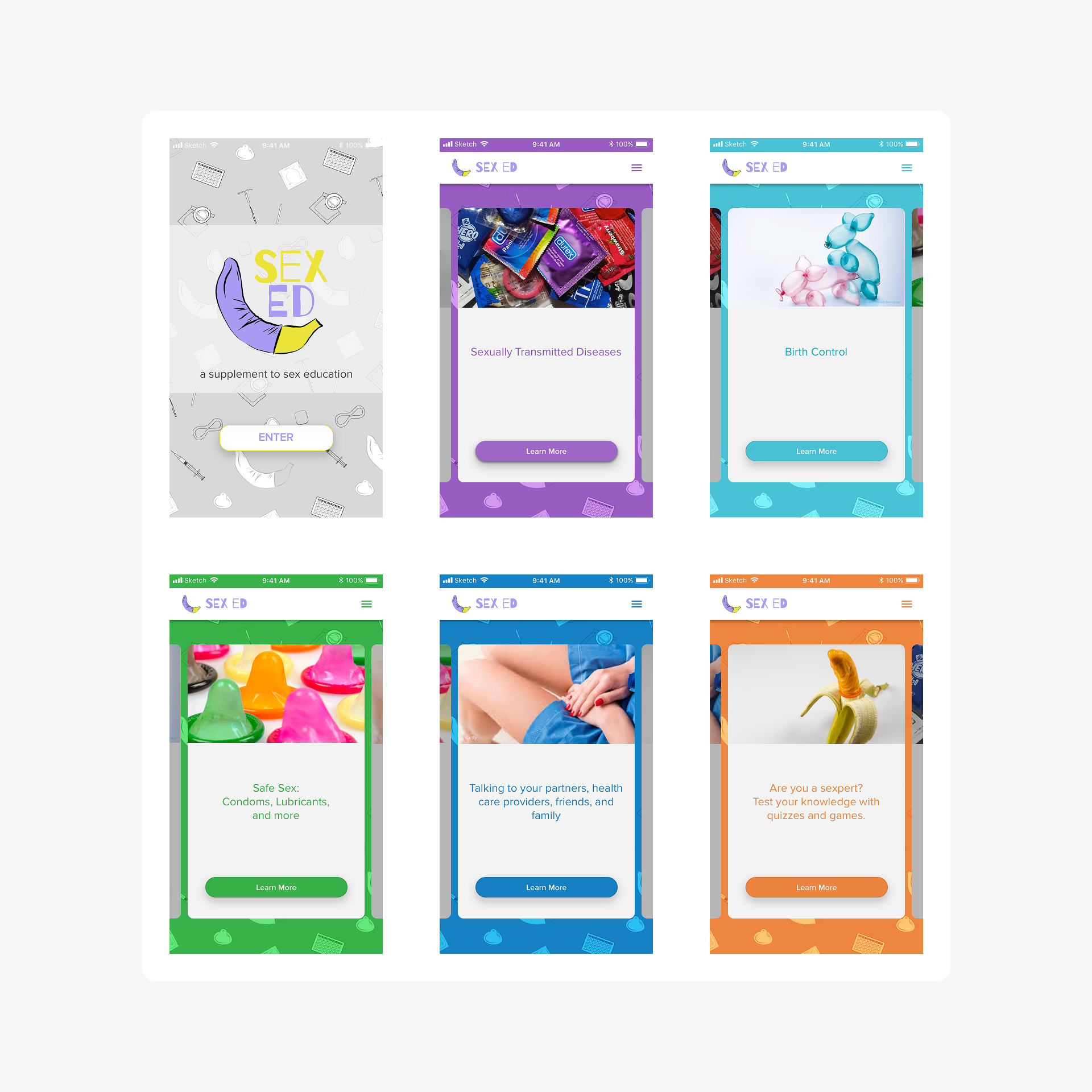 Six mobile app screens for a sex education supplement showing topics like sexually transmitted diseases, birth control, safe sex, communication, and quizzes.